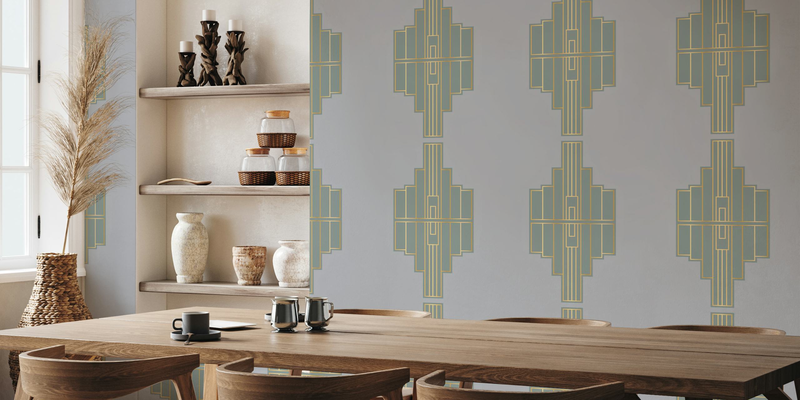 Art Deco inspired wall mural with grey background and gold geometric pattern