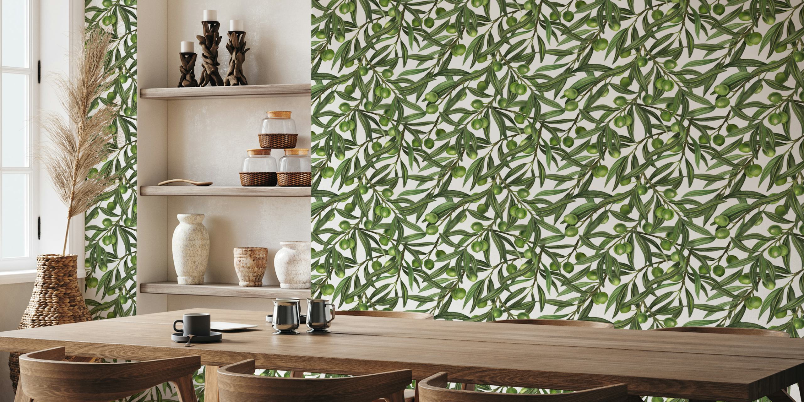 Green olive branches on white background botanical wallpaper