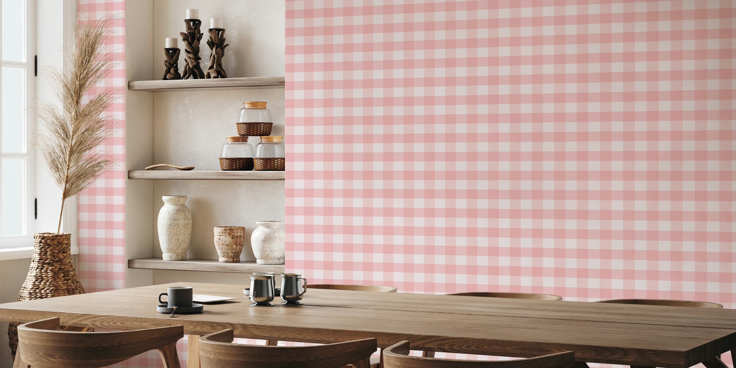 Pink gingham pattern wallpaper with light and dark pink squares