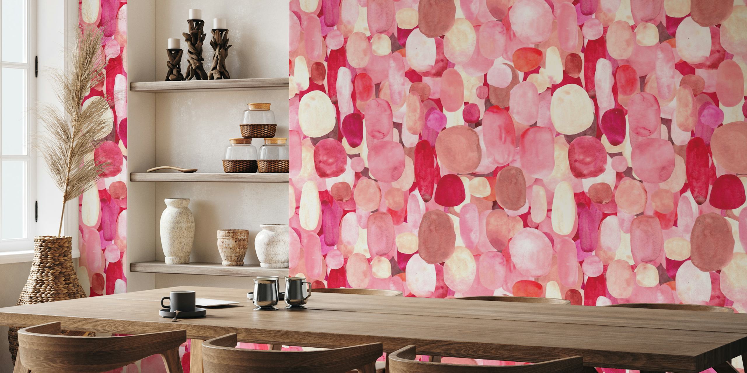 Colorful red spots pattern wallpaper in a room