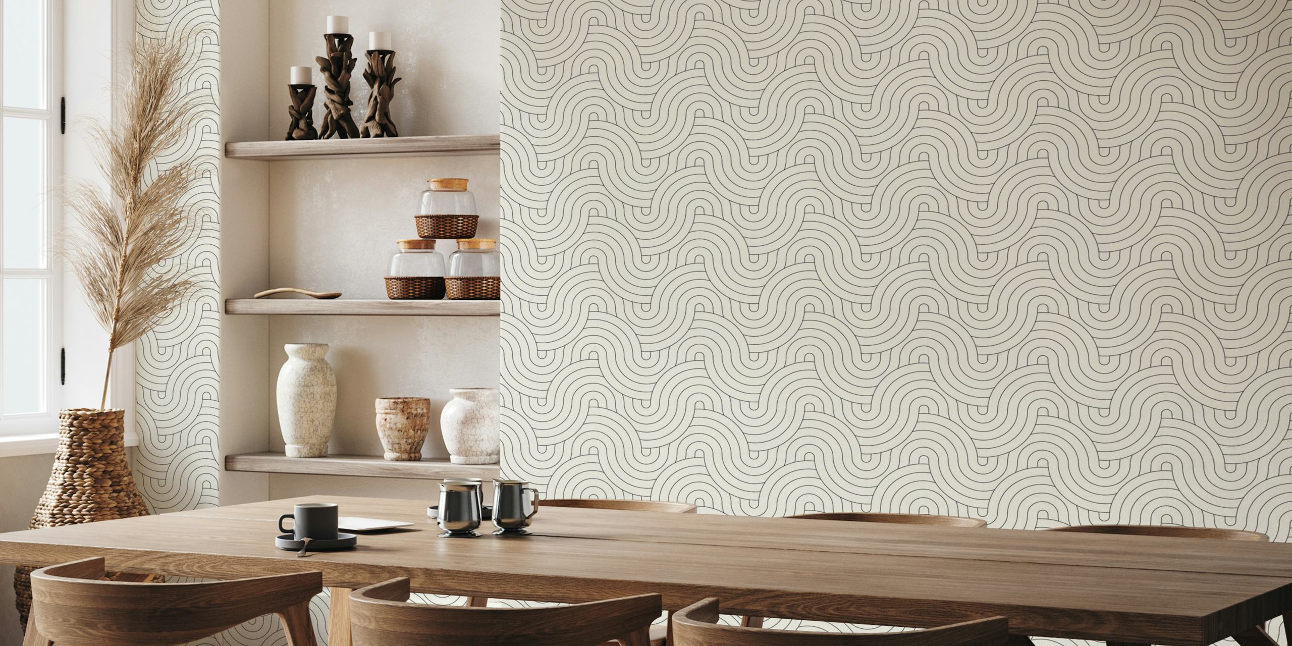 Curved black and white geometric pattern wallpaper