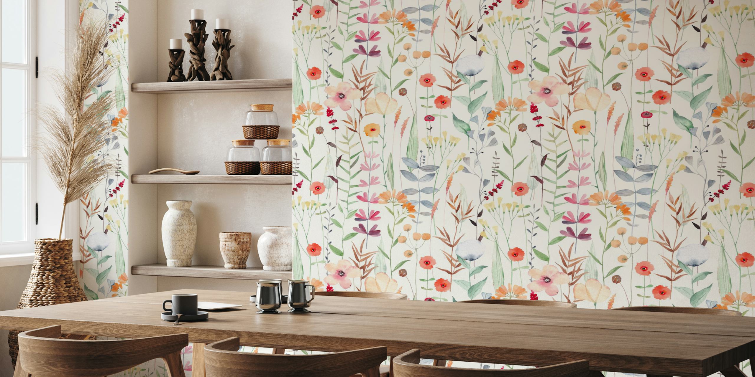 Colorful watercolor flowers in soft hues on white wallpaper