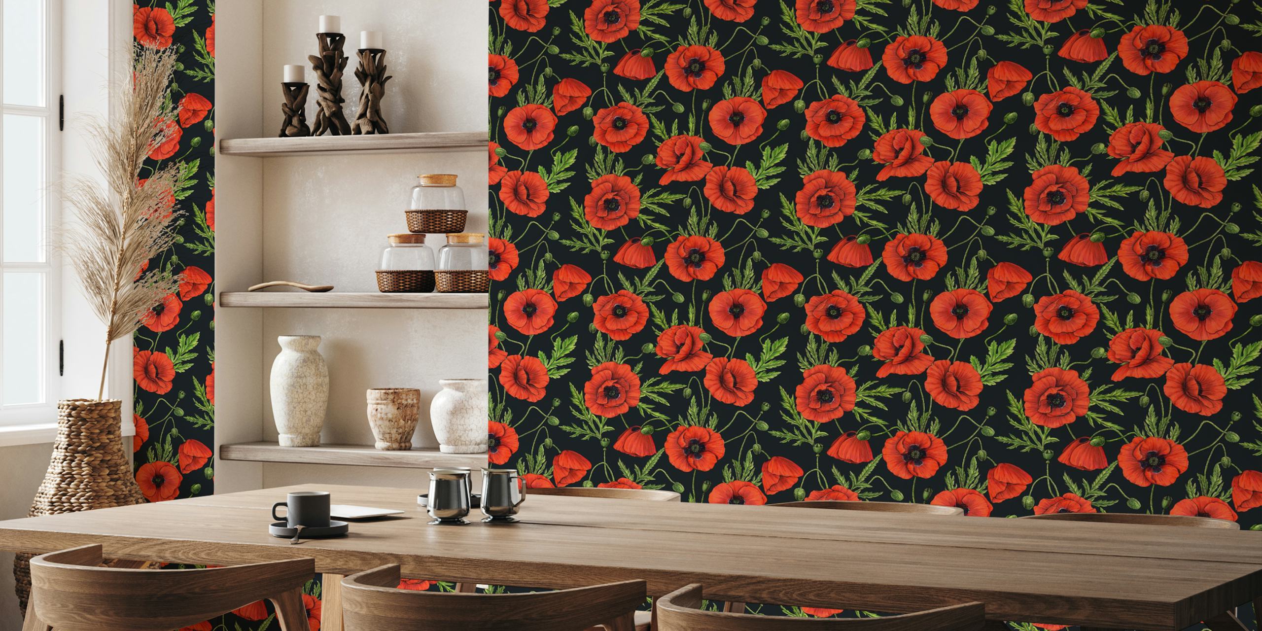 Poppies on black design della carta da parati in una stanza
