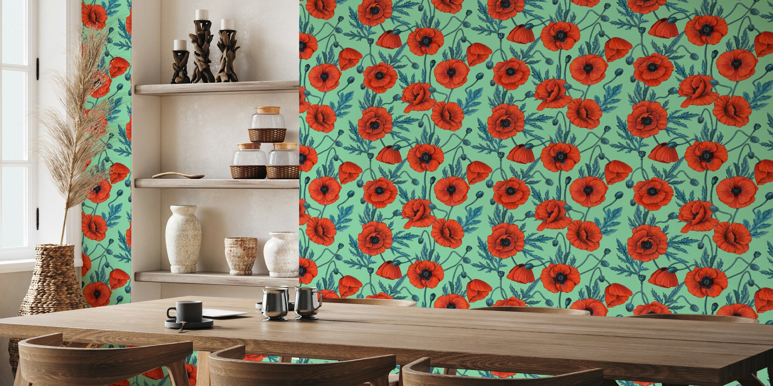 Poppies, red and blue on jade wallpaper