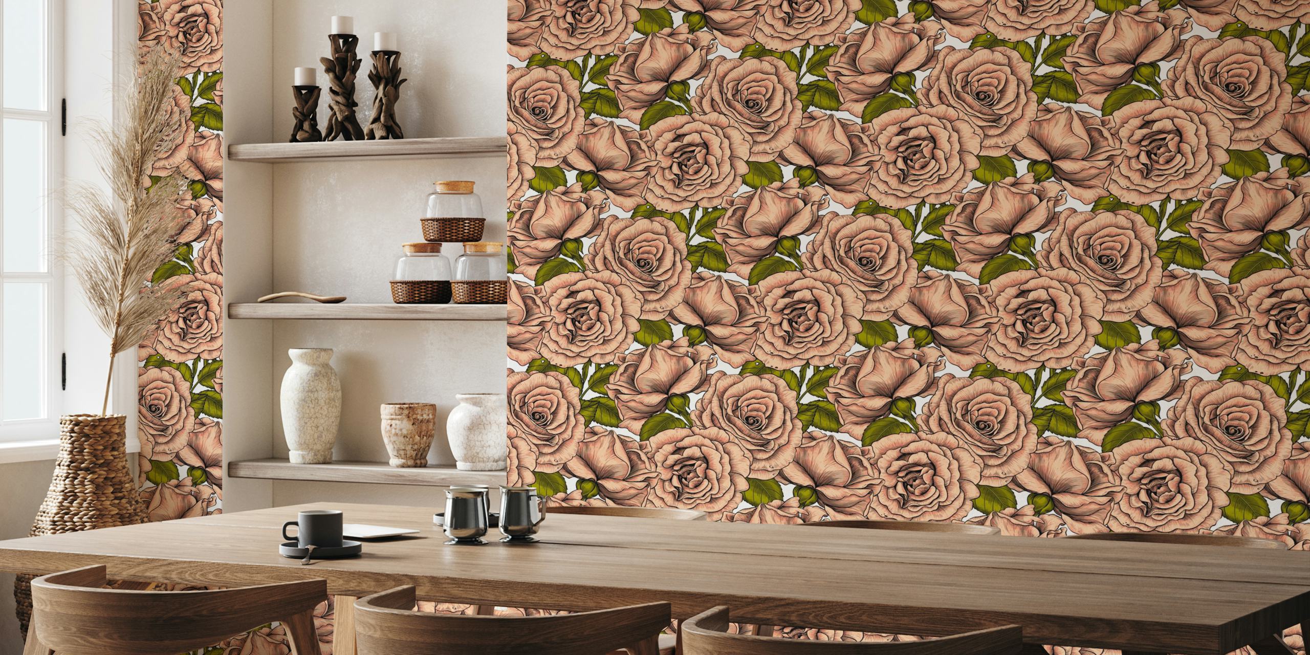 Cream floral wallpaper with pink roses and green leaves