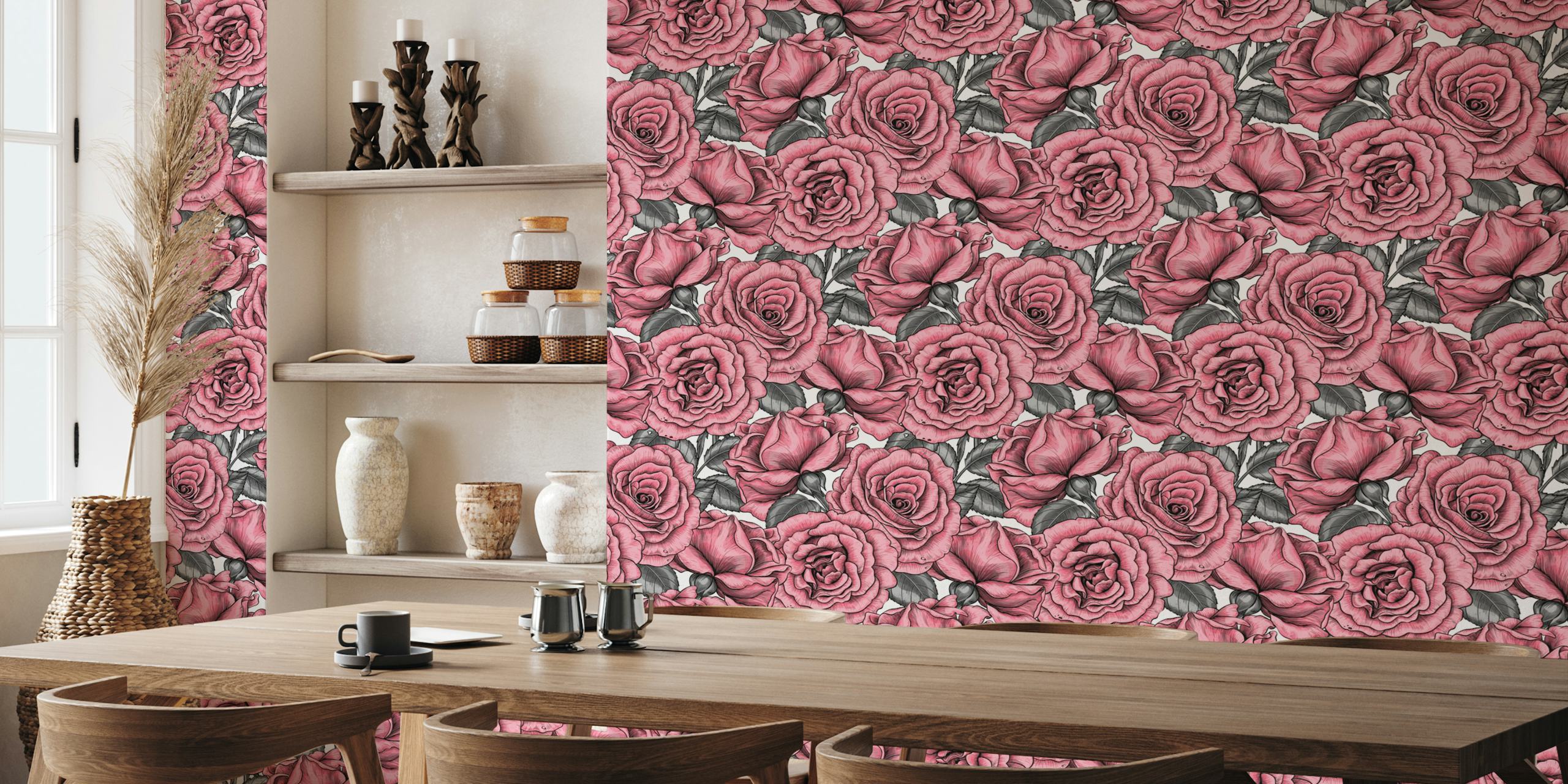 Pink roses with green leaves floral wallpaper