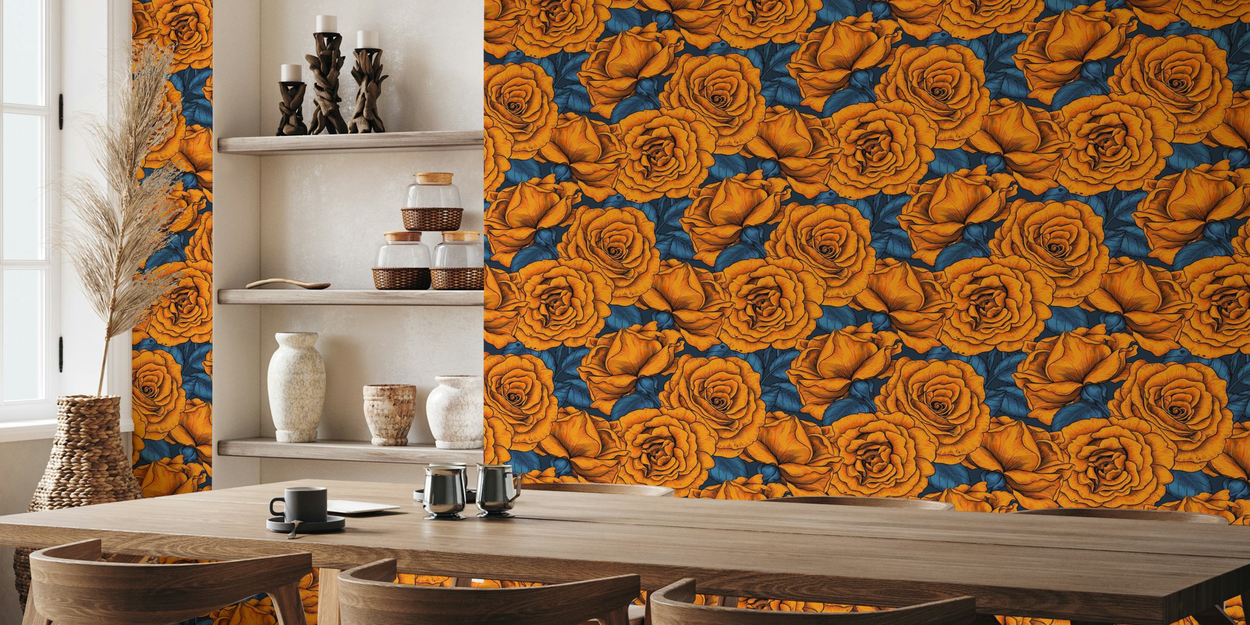 Orange roses with blue leaves wzór tapety