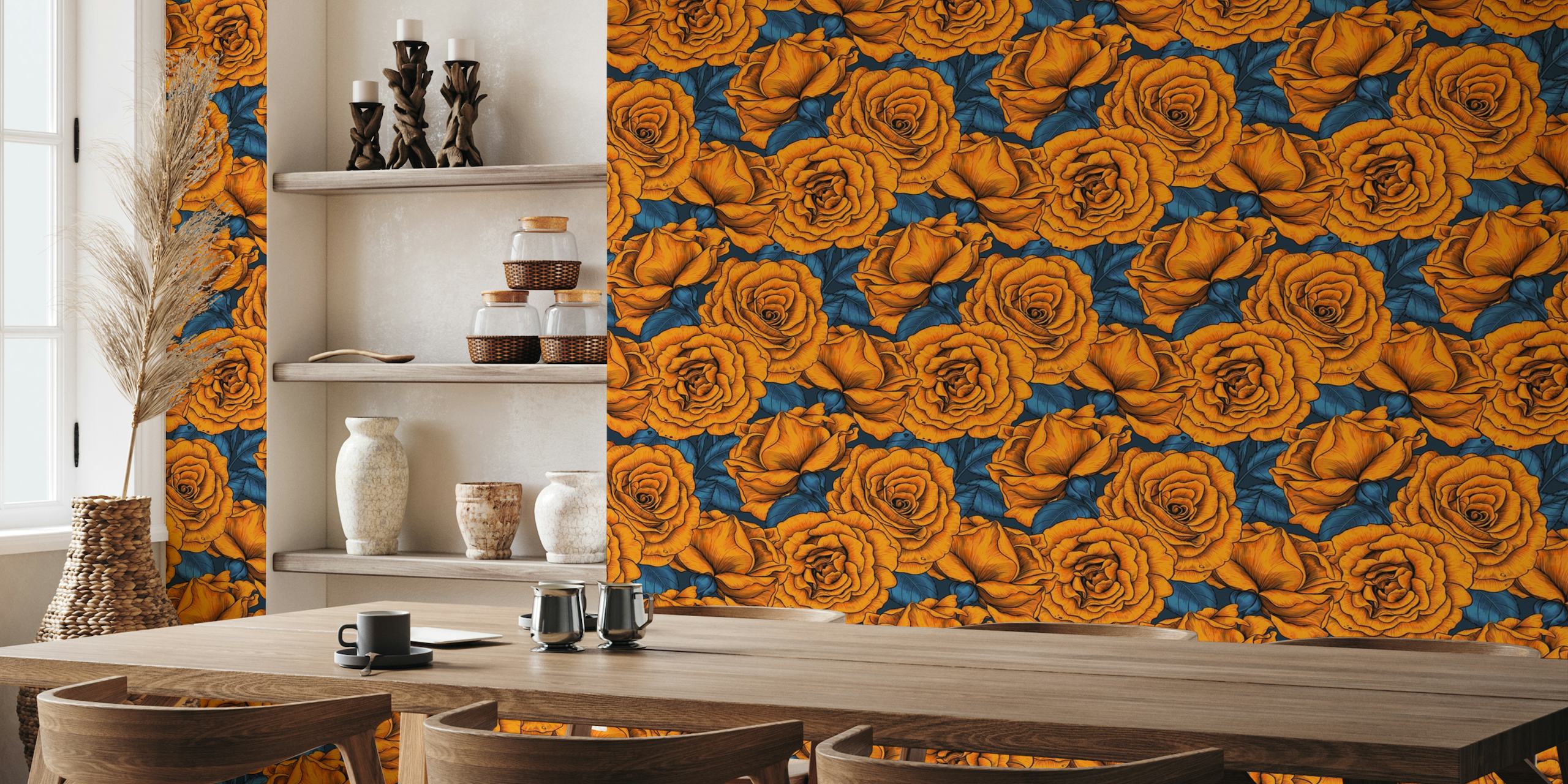 Orange roses with blue leaves wallpaper