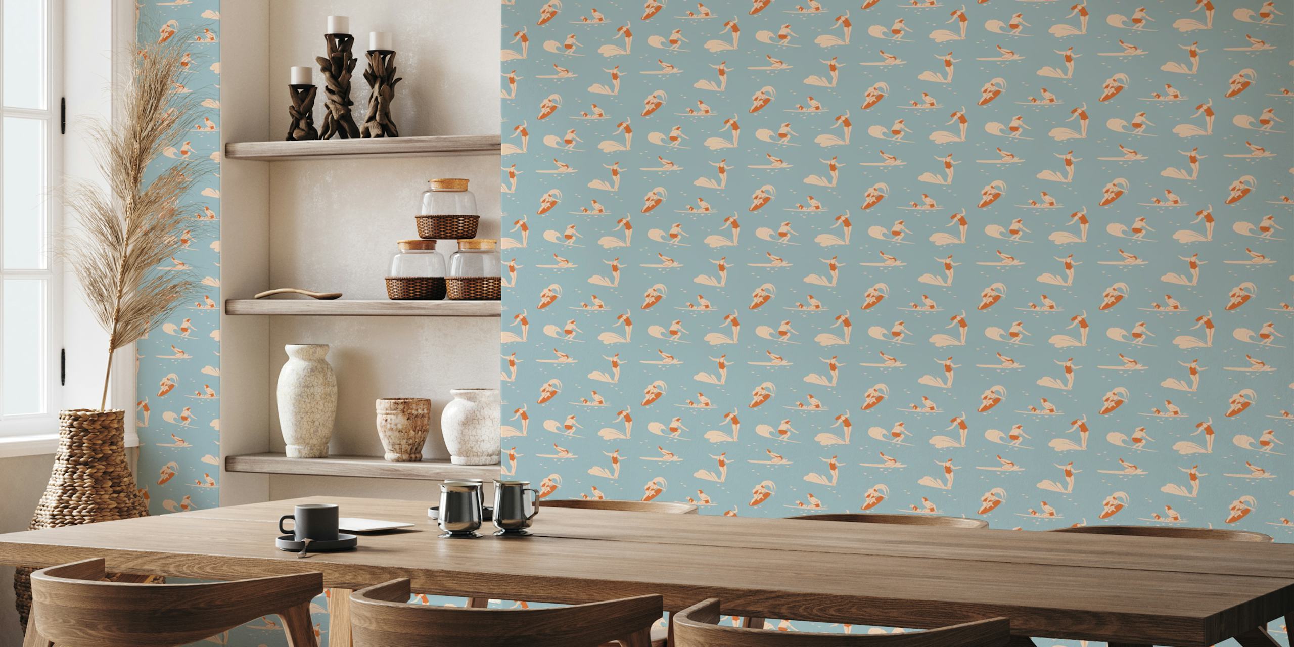 Vintage surfing wallpaper featuring surfers on blue background