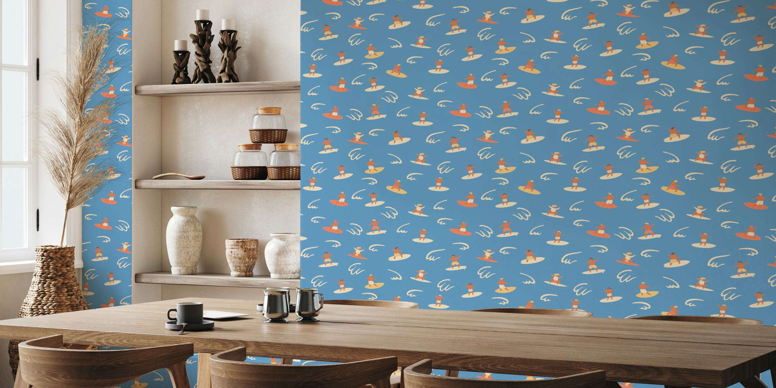 Illustrated wallpaper with children surfing