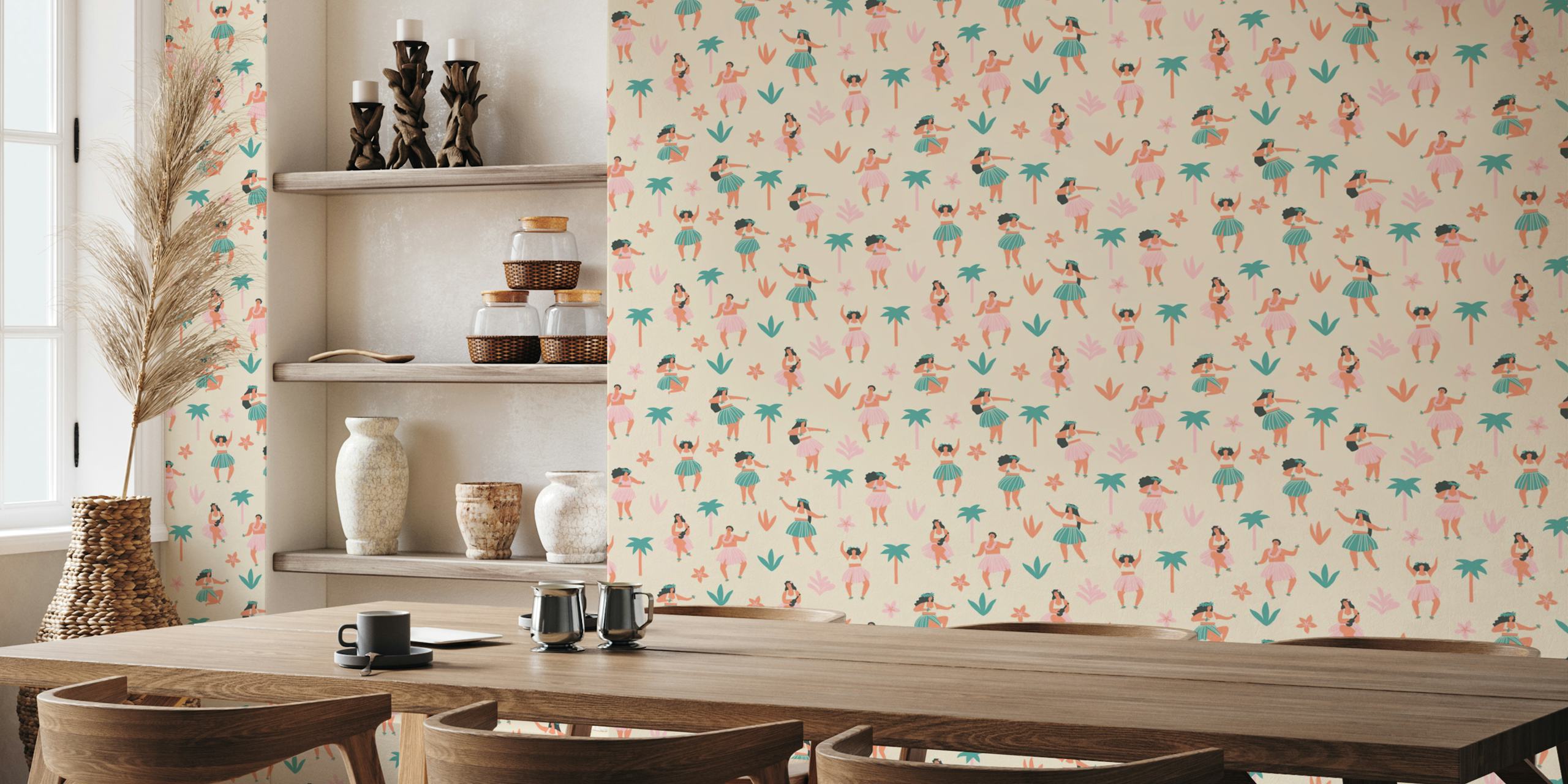 Colorful hula dancers with floral motifs on cream wallpaper