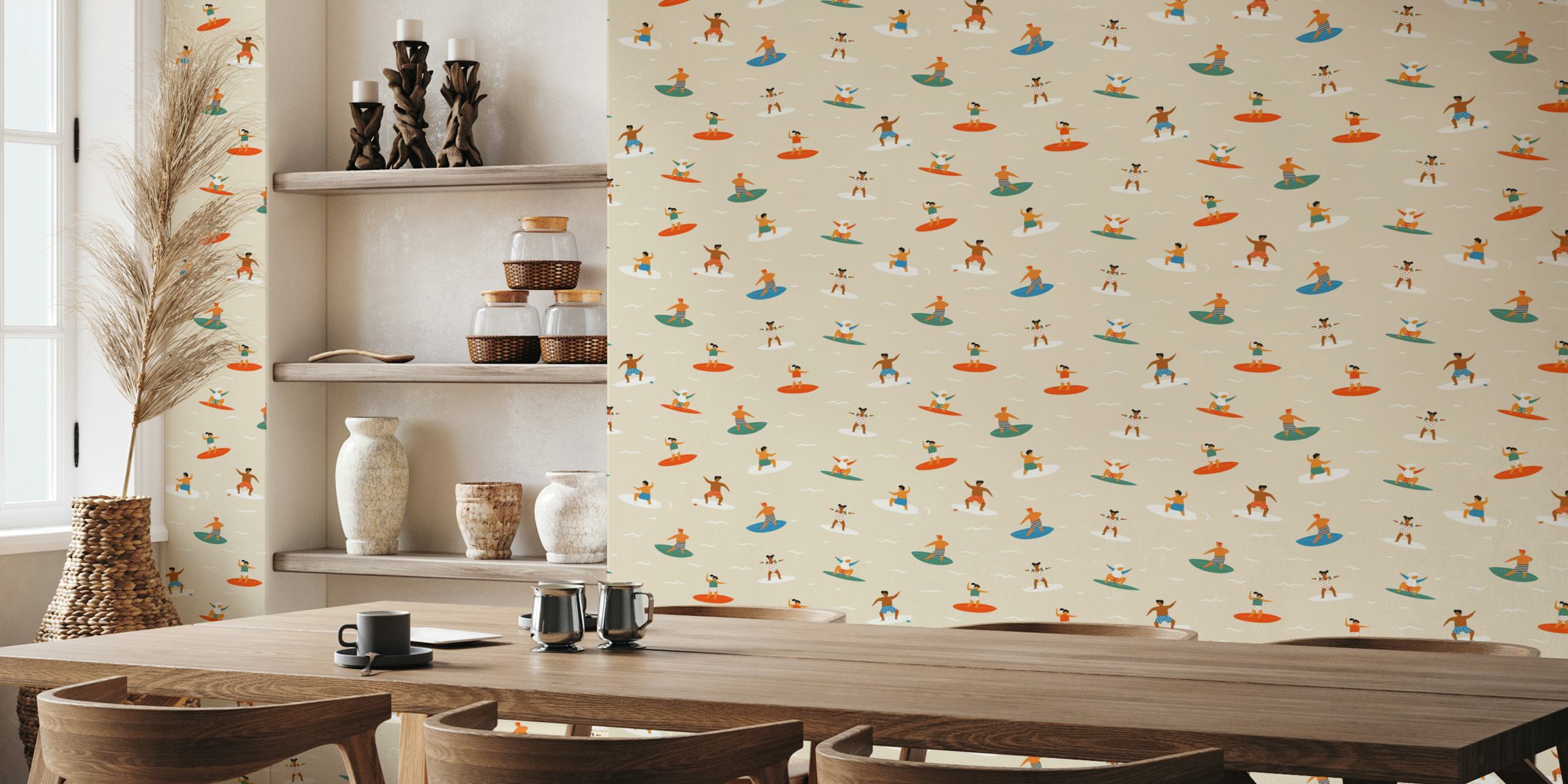 Colorful surfing cartoon characters on light background wallpaper