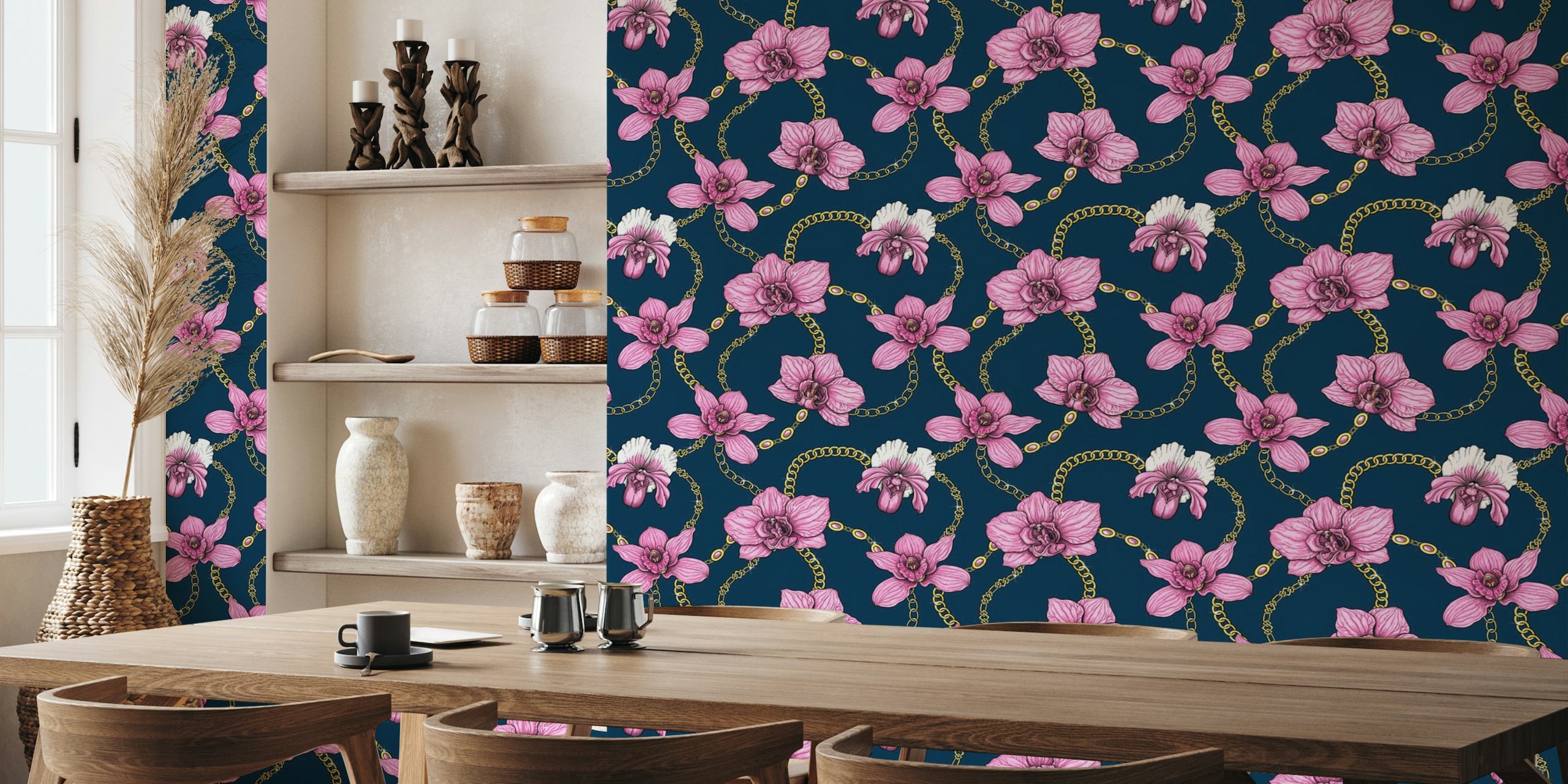 Orchids and chains, pink and navy wallpaper