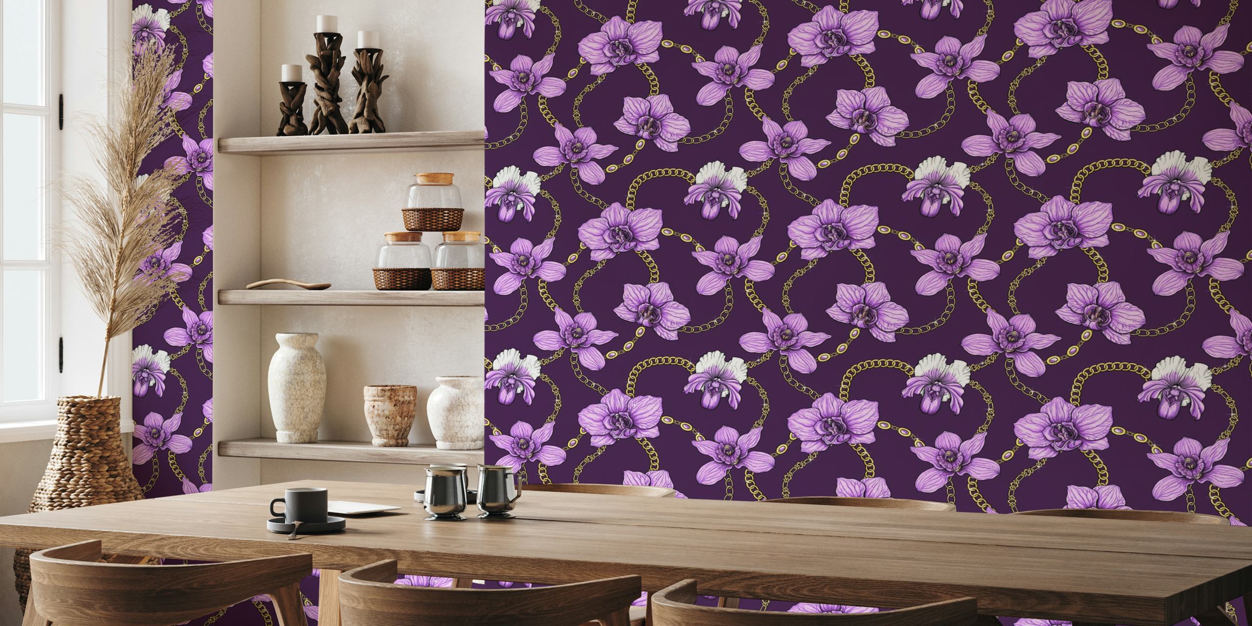 Orchids and chains, violet and gold wallpaper