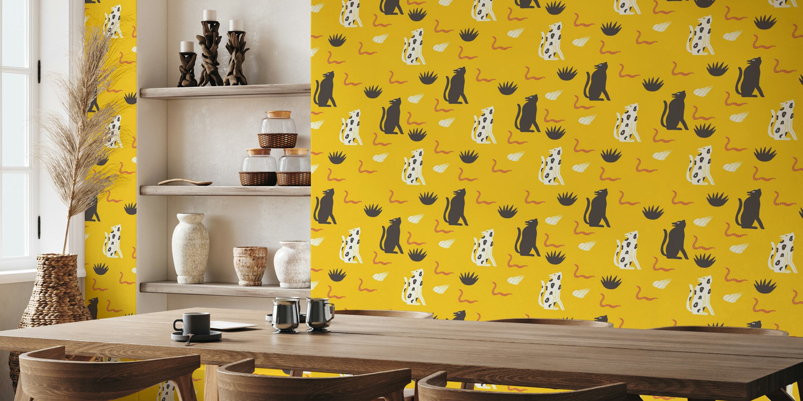 Yellow wallpaper with black and white cheetahs, plants, shells, and snakes in a playful design