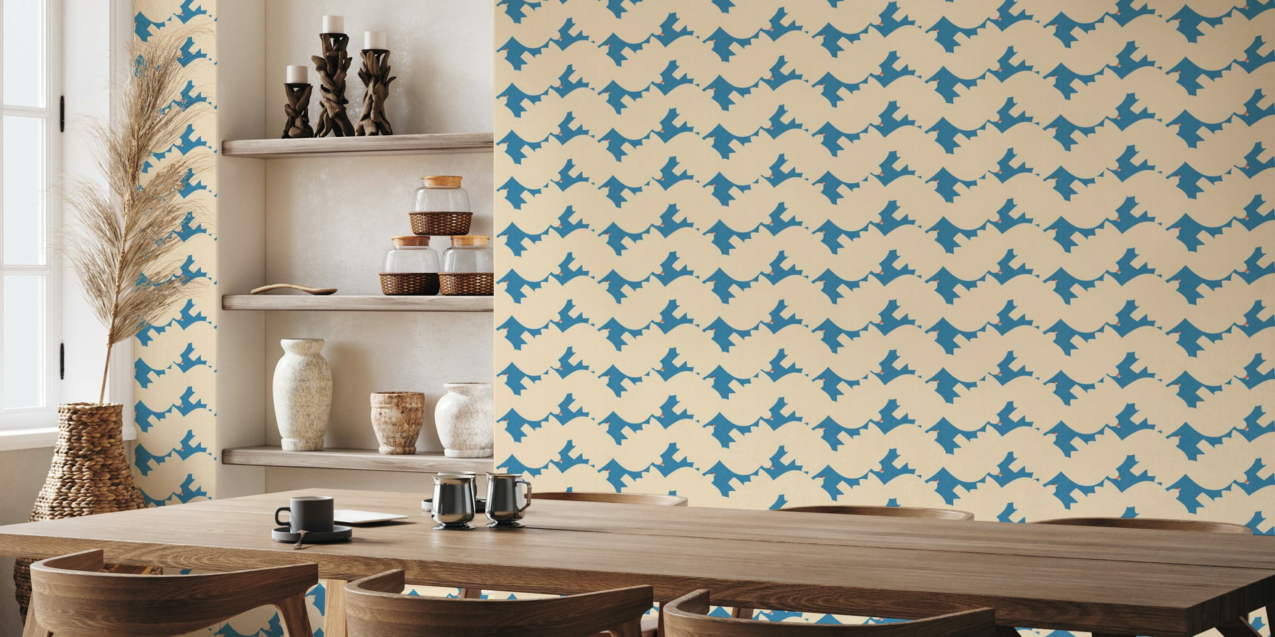Wallpaper with white birds pattern in a styled room