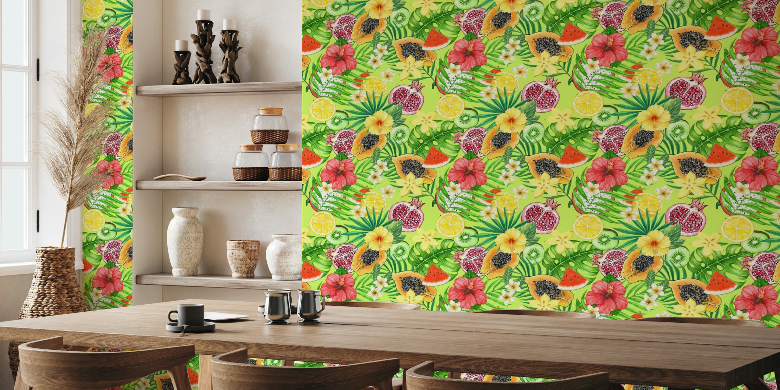 Tropical mix-fruit, flowers and leaves on green behang