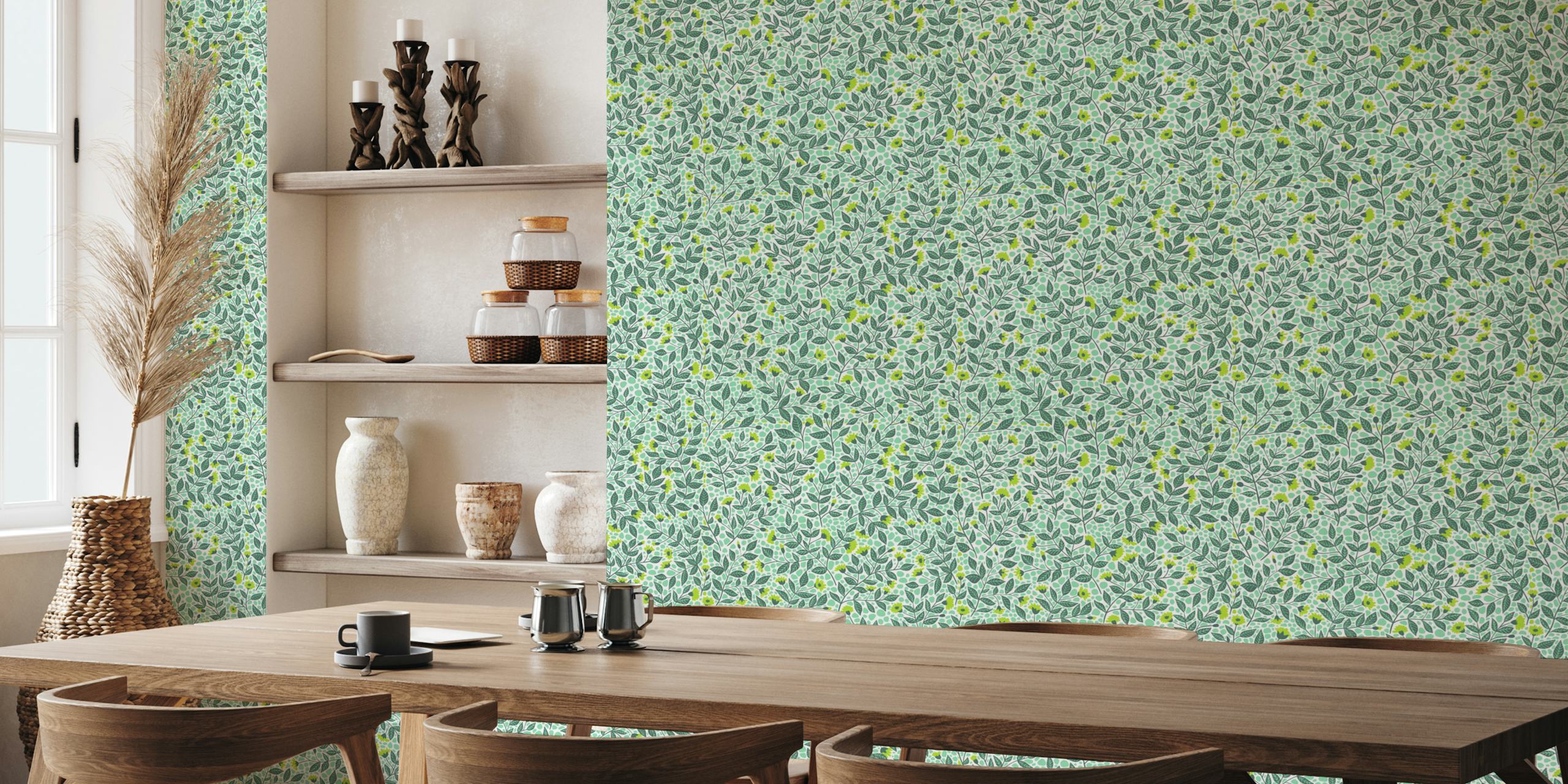 Floral green leaf design wallpaper with bright blossoms