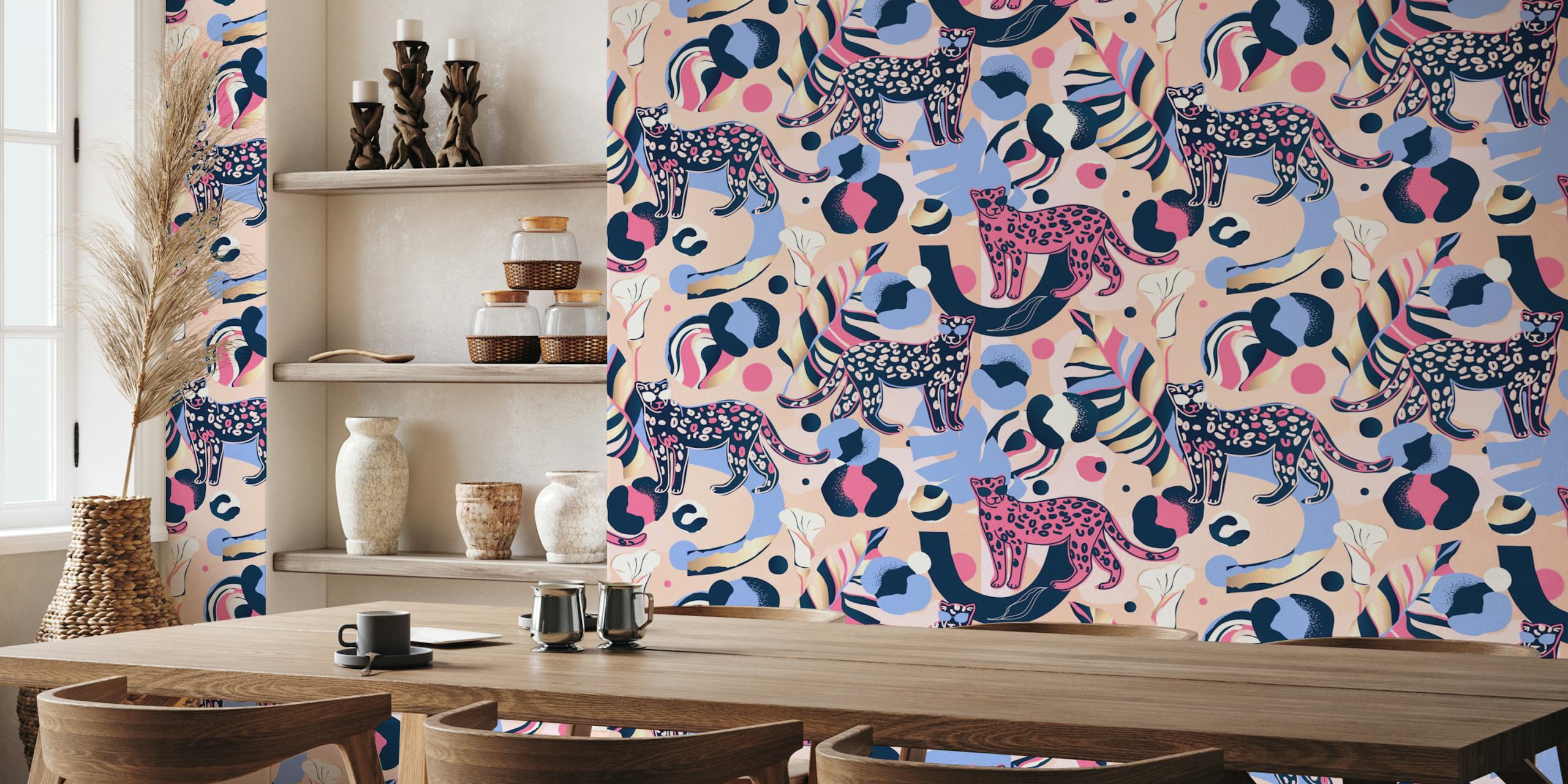Leopard print design in pink, blue, and cream colors wallpaper
