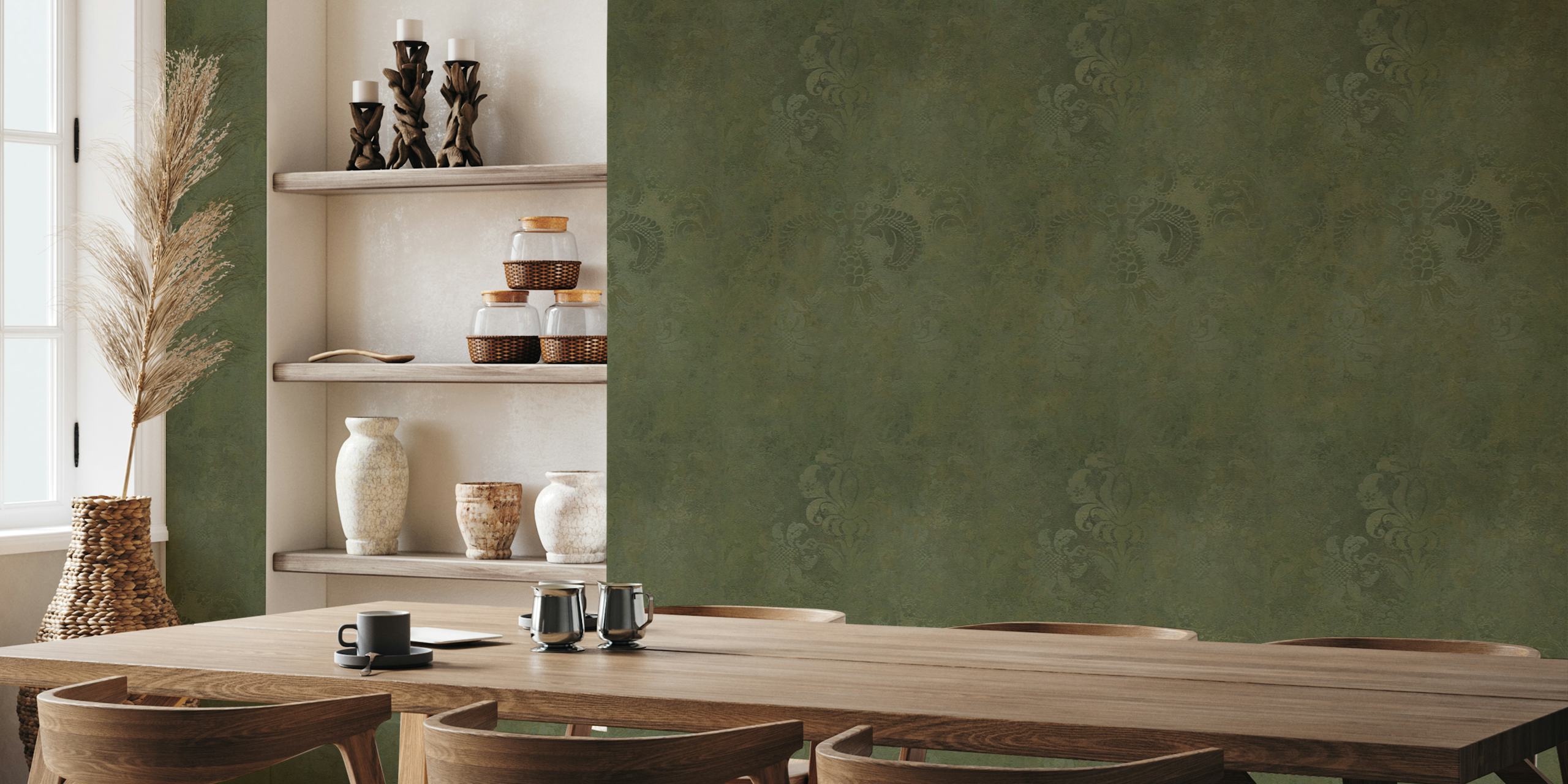 Grunge Damask Pattern Olive Green tapeta v místnosti