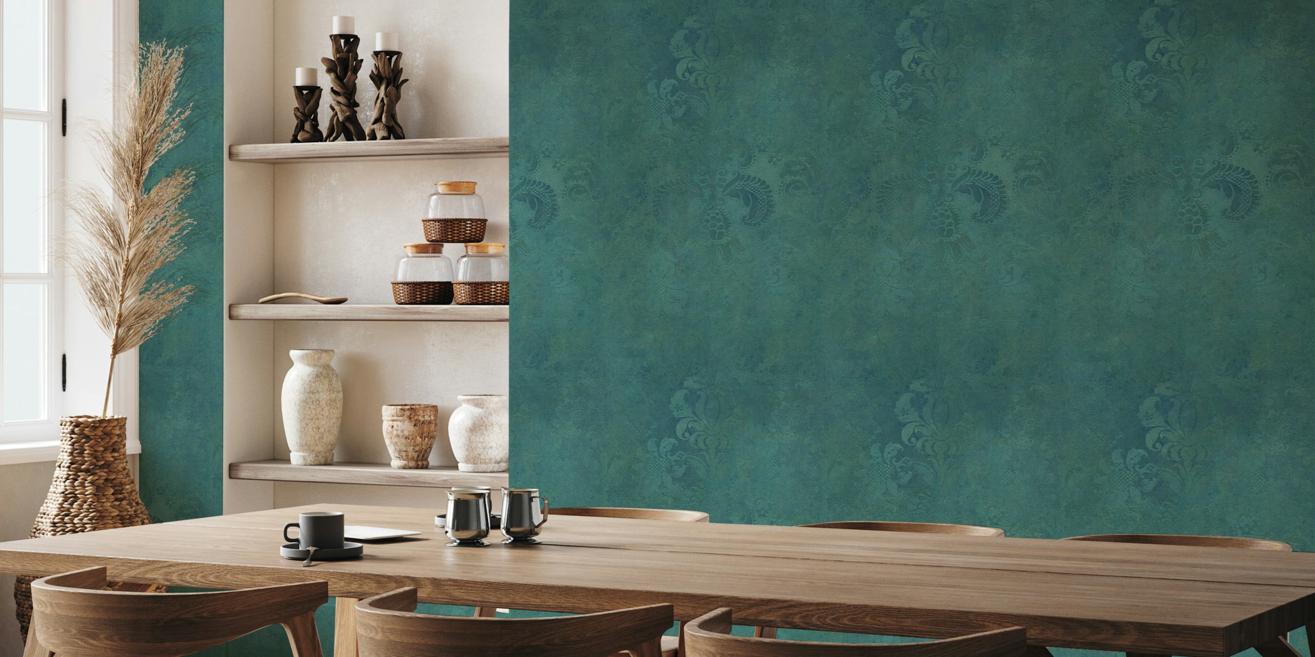 Grunge Damask Pattern -seinämaalaus Viridian Green -väristä teksturoitua ulkonäköä