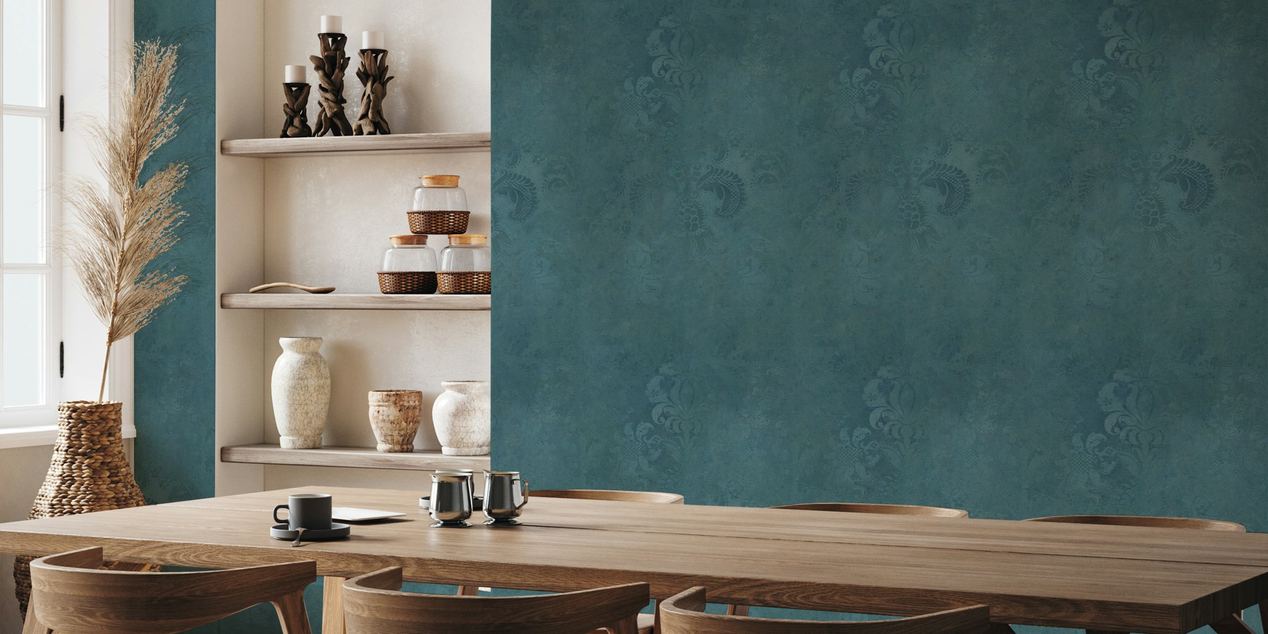 Teal blue grunge damask wallpaper with ornate patterns