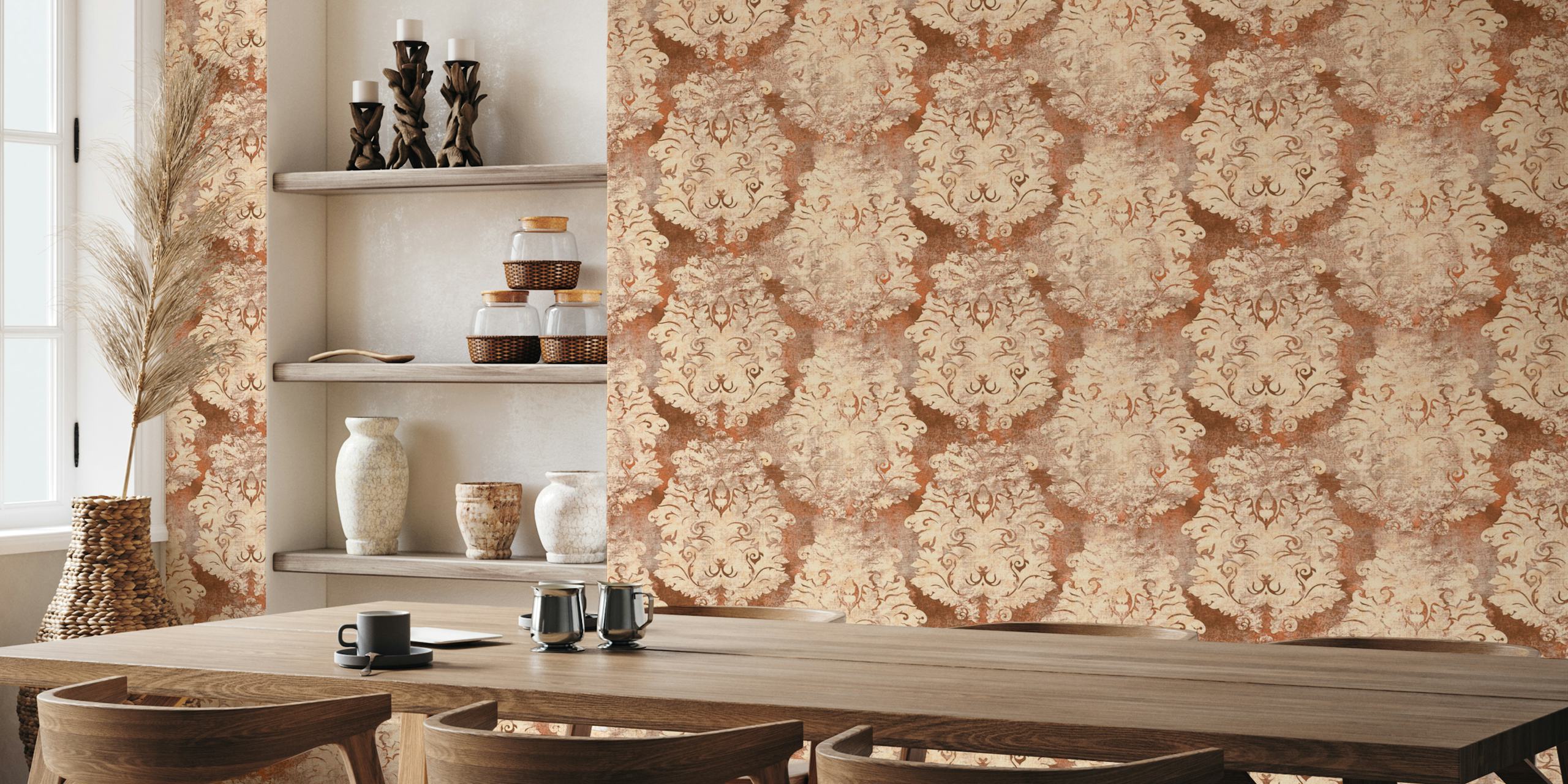 Antique damask pattern wall mural in terracotta brown