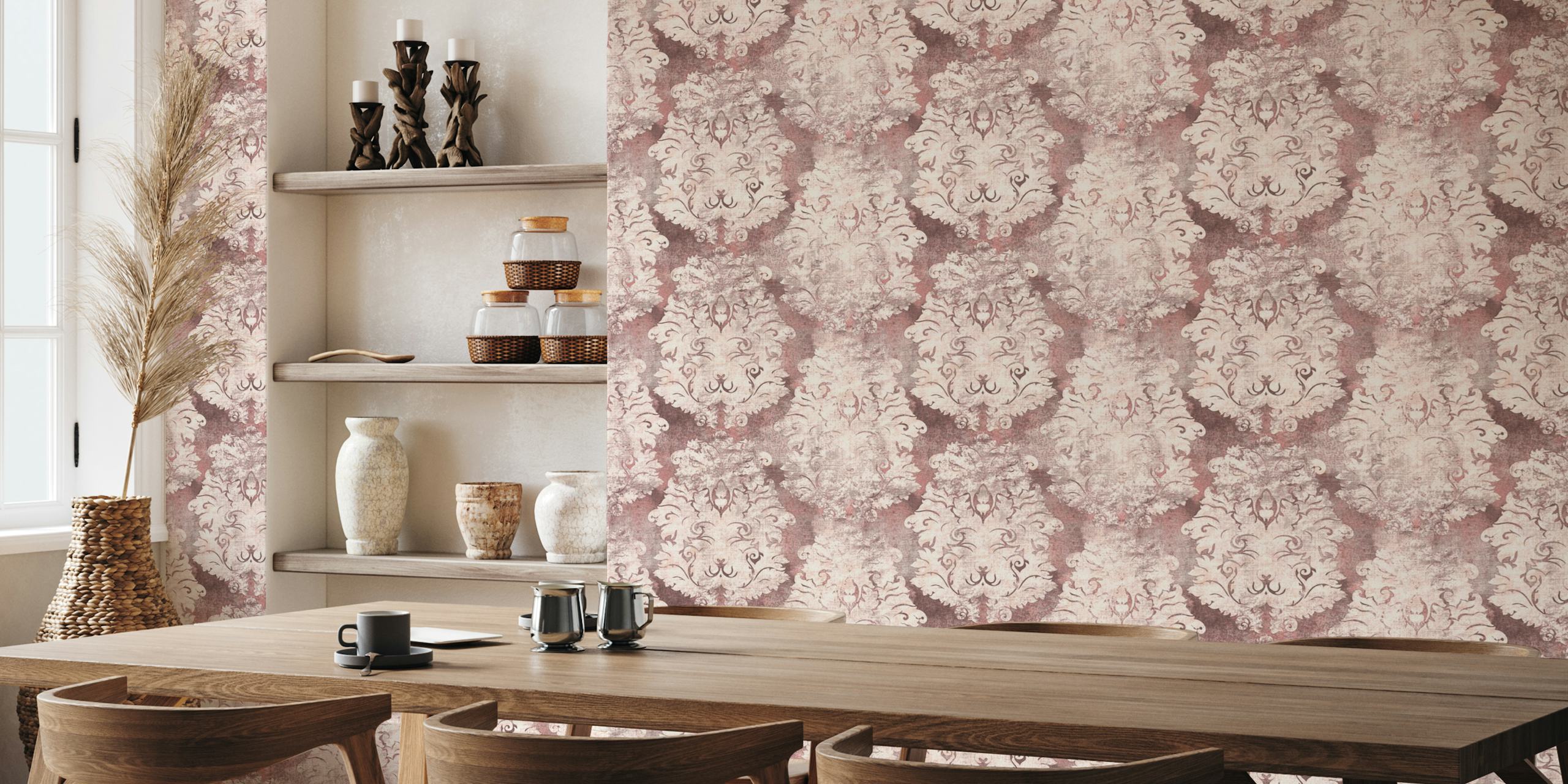 Antique Damask Pattern tapet i dusty pink og ivory