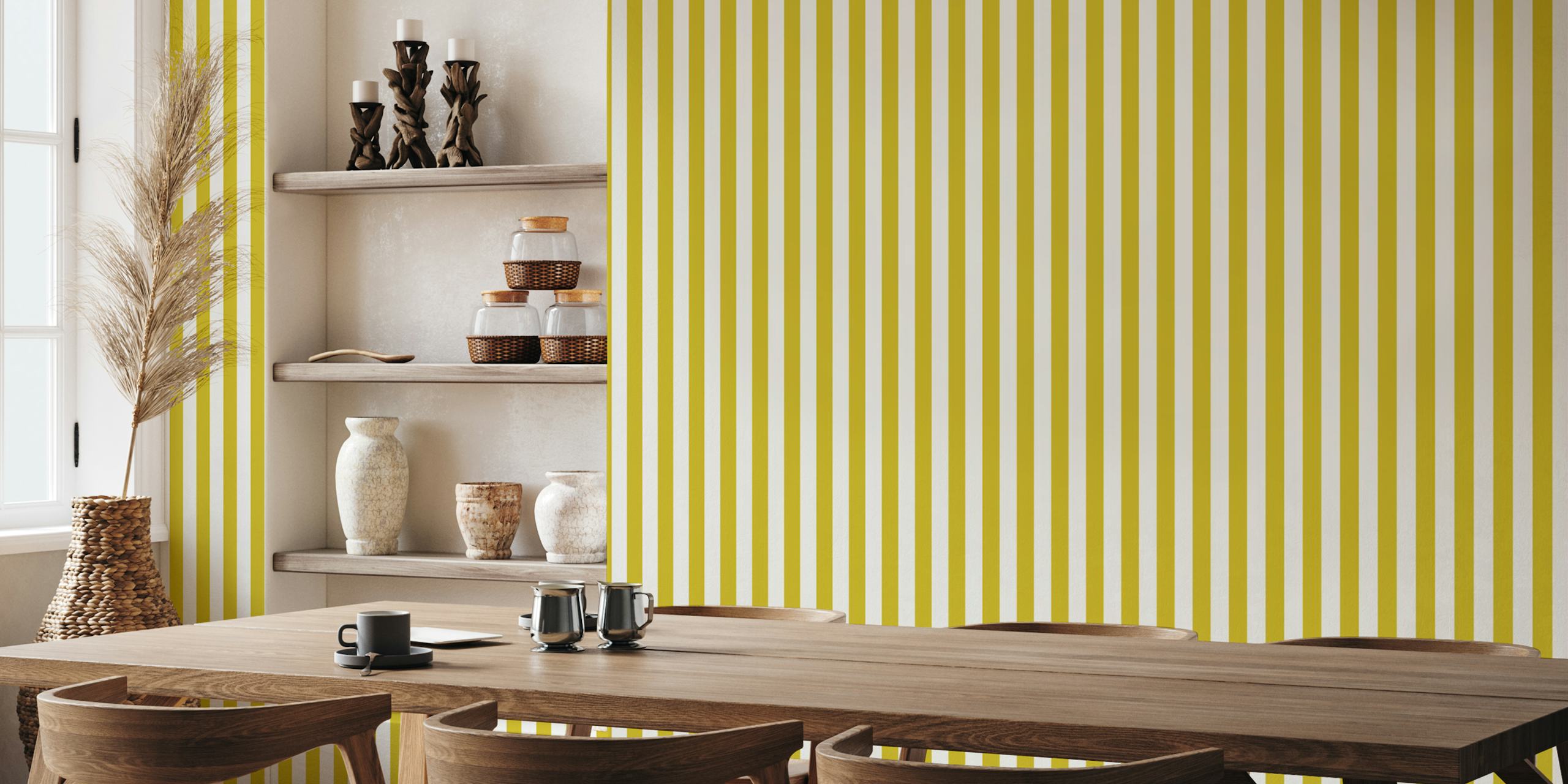 Yellow and white striped wallpaper in a modern style