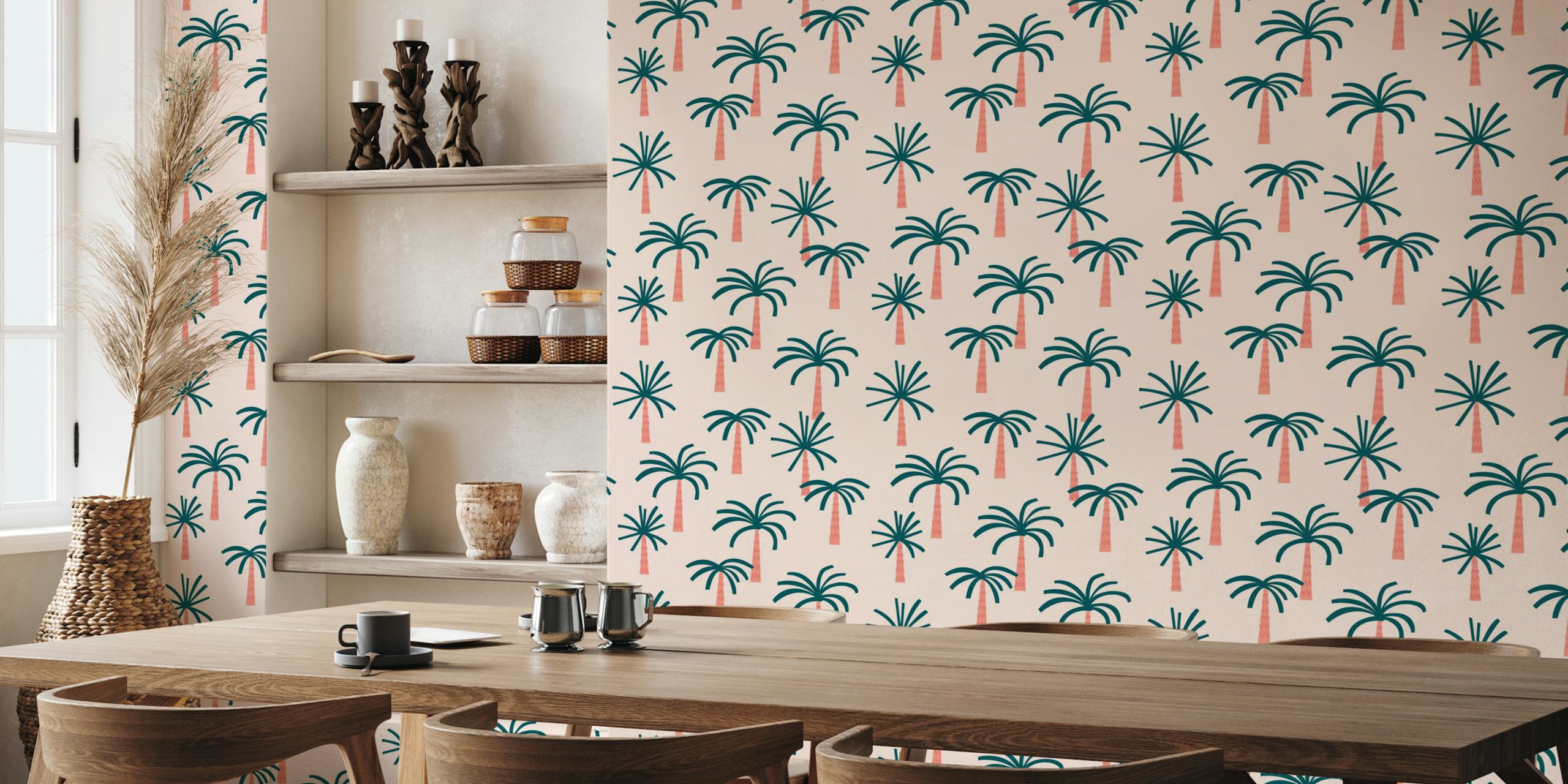 Palms on pink wallpaper in a room