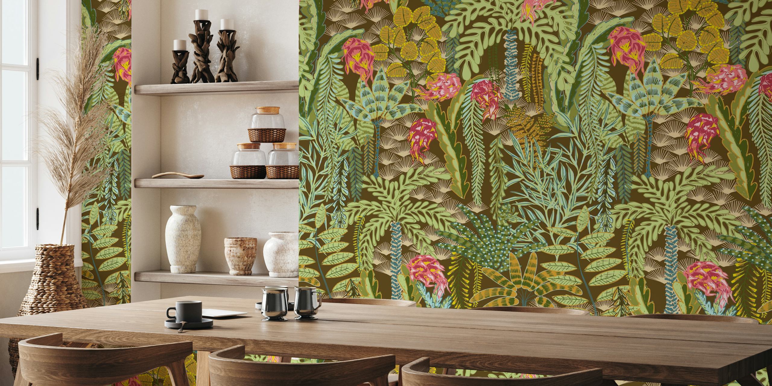 Exotic tropical flora wall mural featuring dragon fruit and lush greenery on a dark brown background