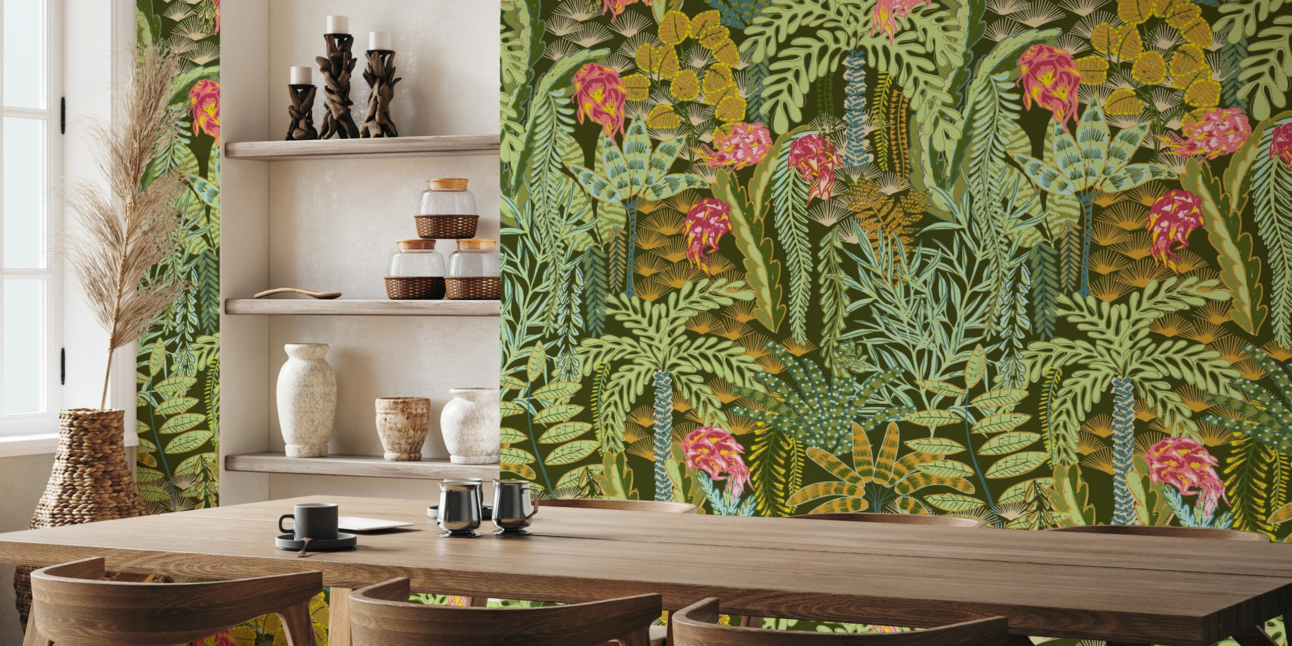 Tropical lounge wallpaper with dragon fruit pattern
