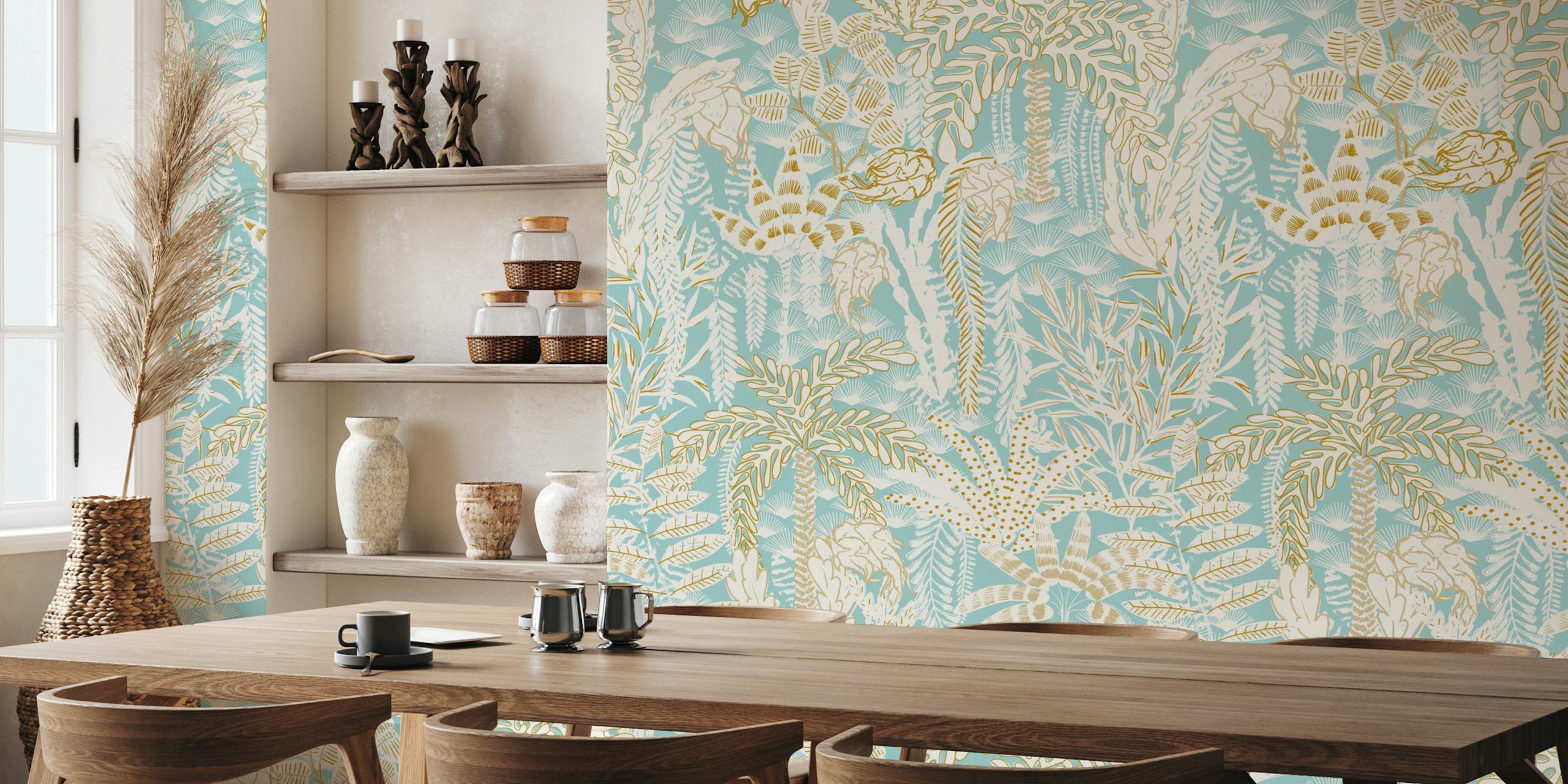 Papier peint à motif de feuillage tropical en blanc chaud et aqua