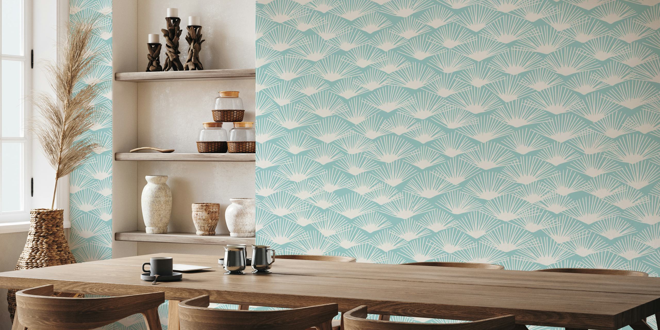 Abstract palm fans aqua wallpaper in a room