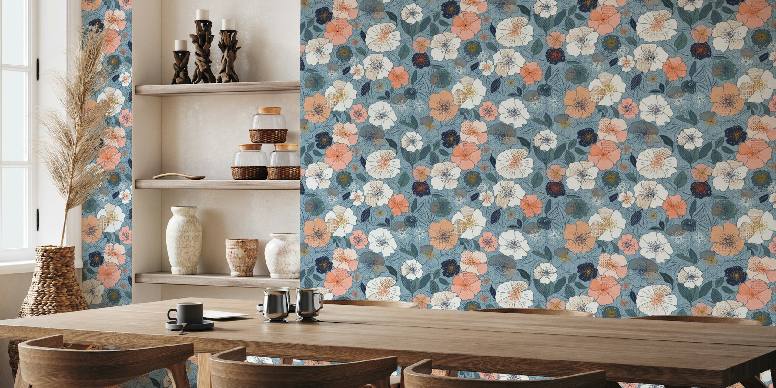 Cross Stitch flowers blue wallpaper