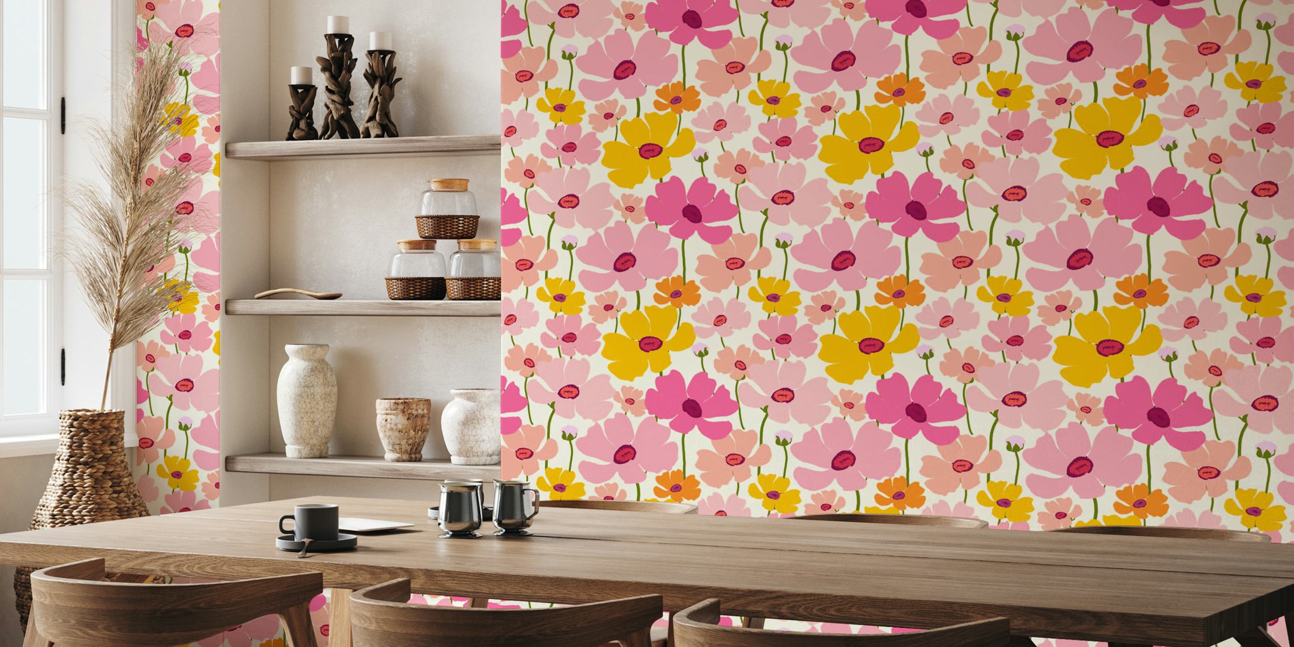 Ilustrace živé fototapety „Buttercup Field“ s růžovými a žlutými květy a zeleným listím.