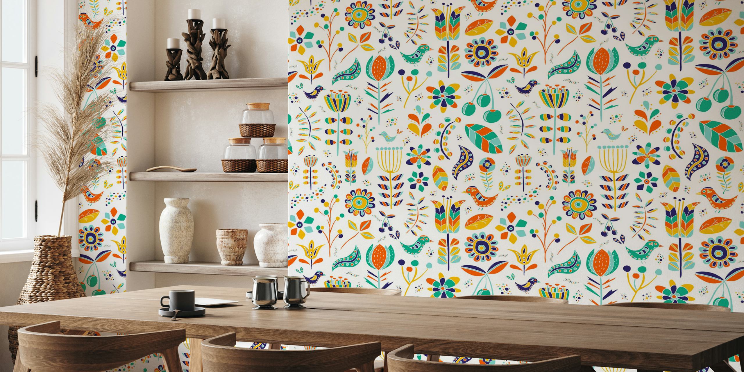 Colorful floral and bird patterns in various bright colors on a white background wallpaper
