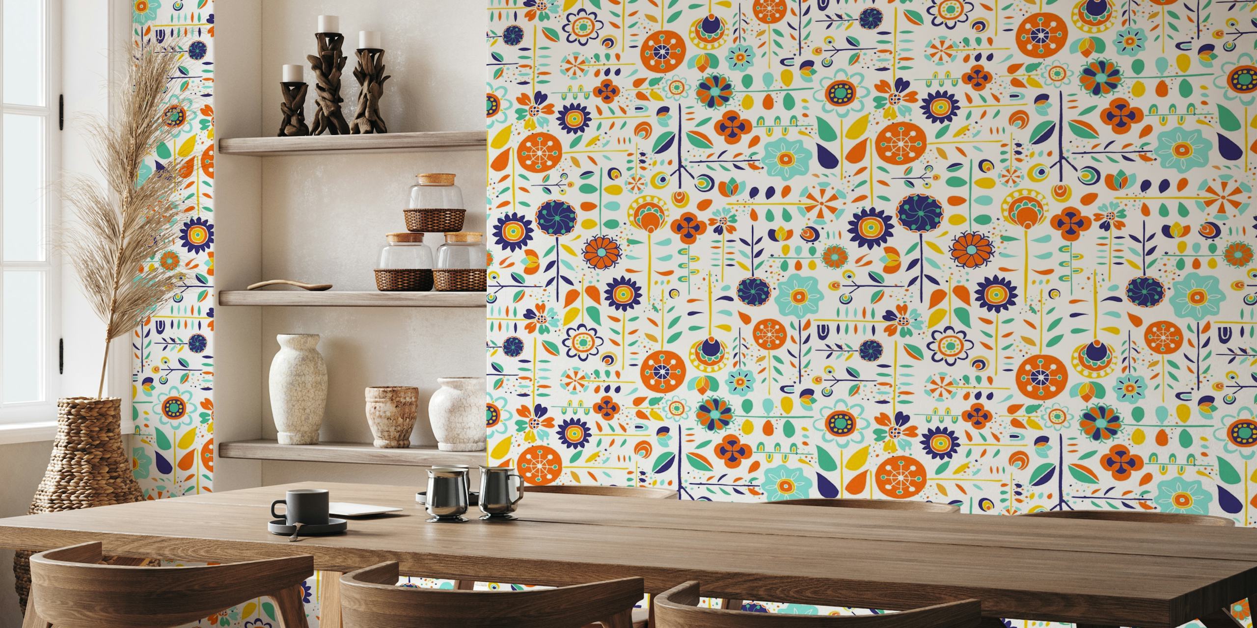 Colorful maximalist summer flower pattern wall mural