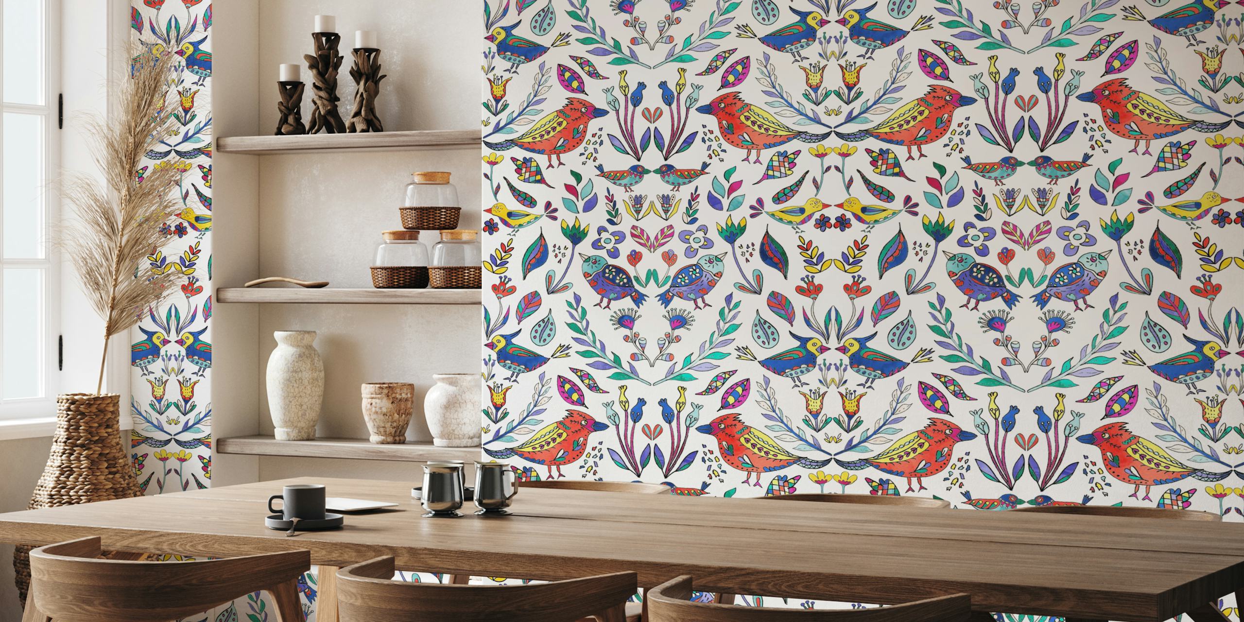 Scandinavian style wall mural featuring colorful birds and flowers on a white background