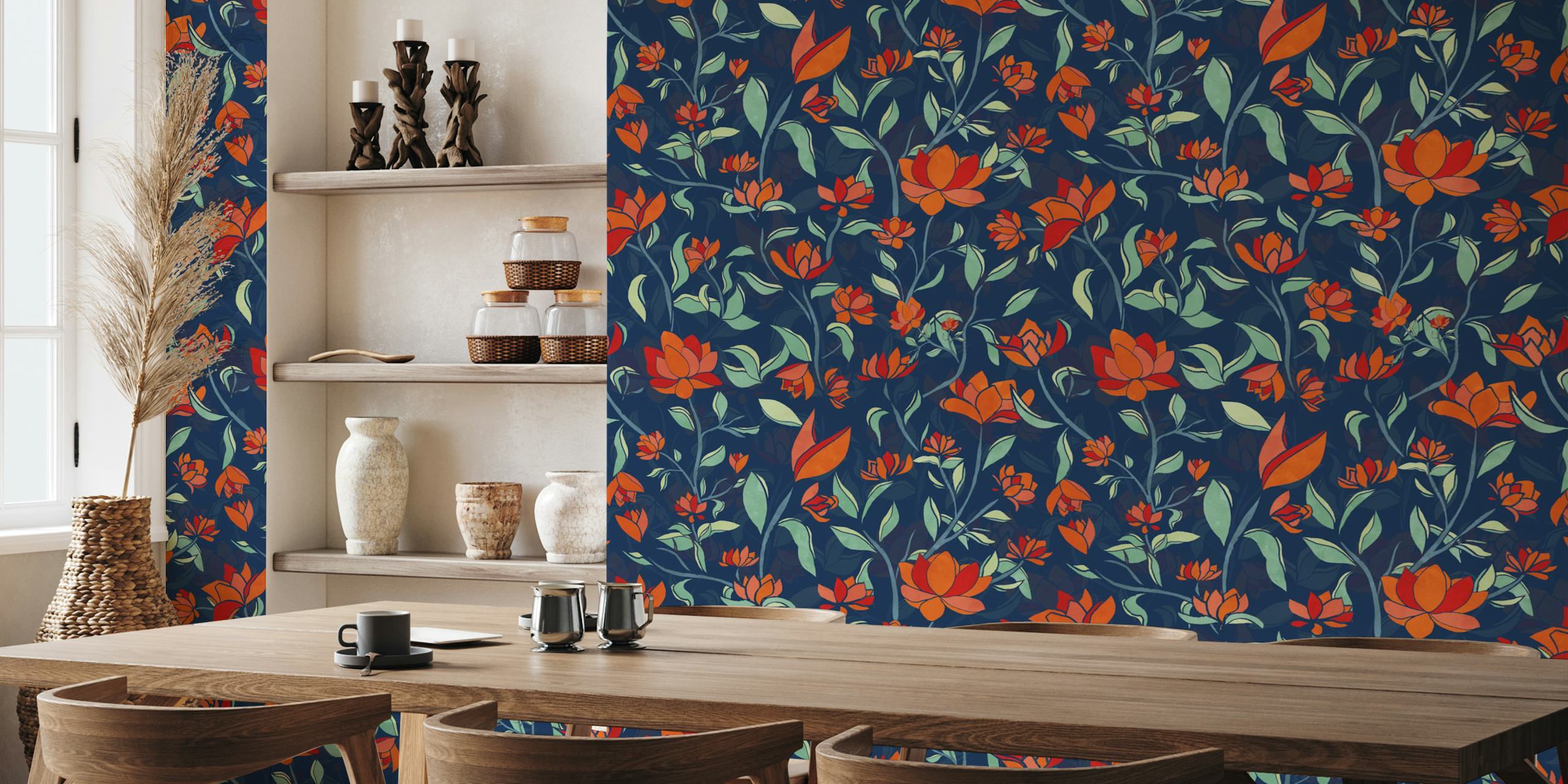 Red and blue floral garden design with leaves wallpaper