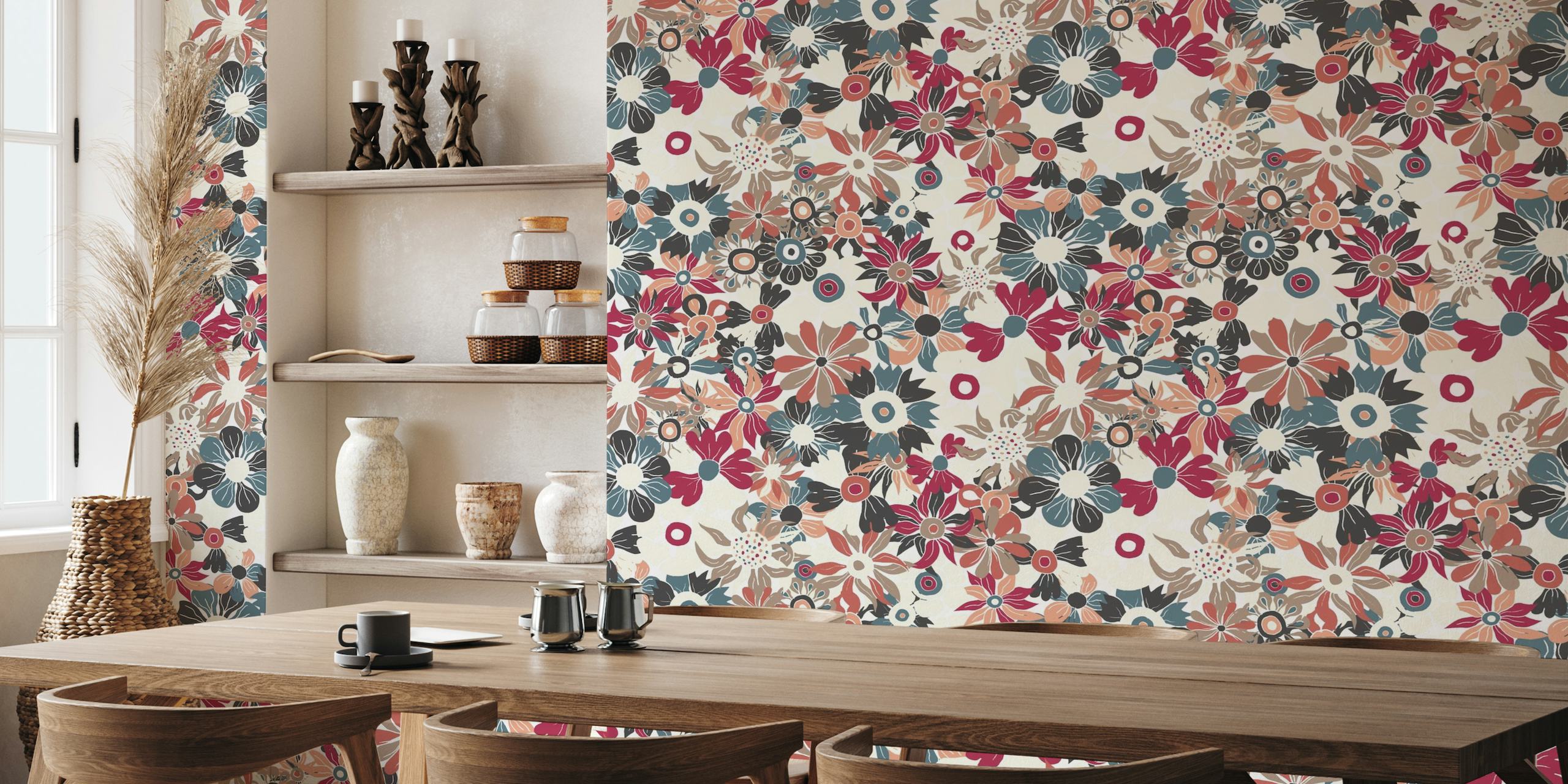 Maximalist Floral Pattern Beige Fuchsia wallpaper