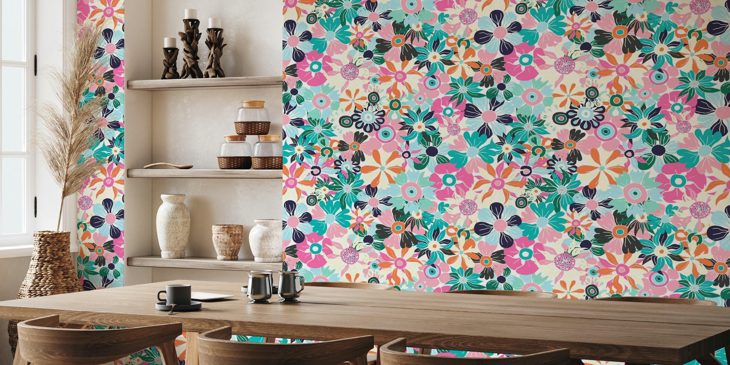Maximalist Floral Pattern wall mural in pinks and greens