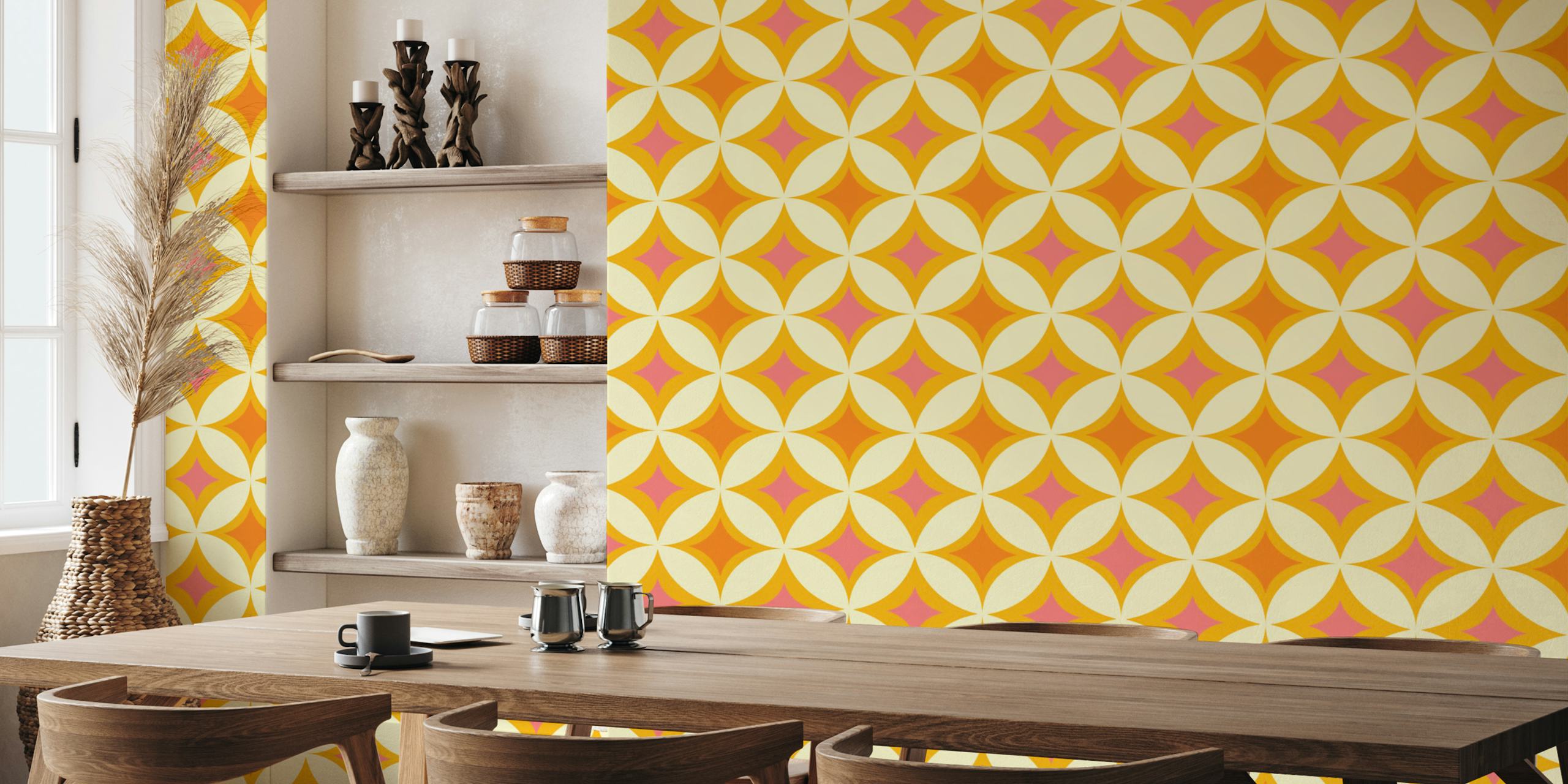 Retro tiles dot pink pattern wallpaper in a room