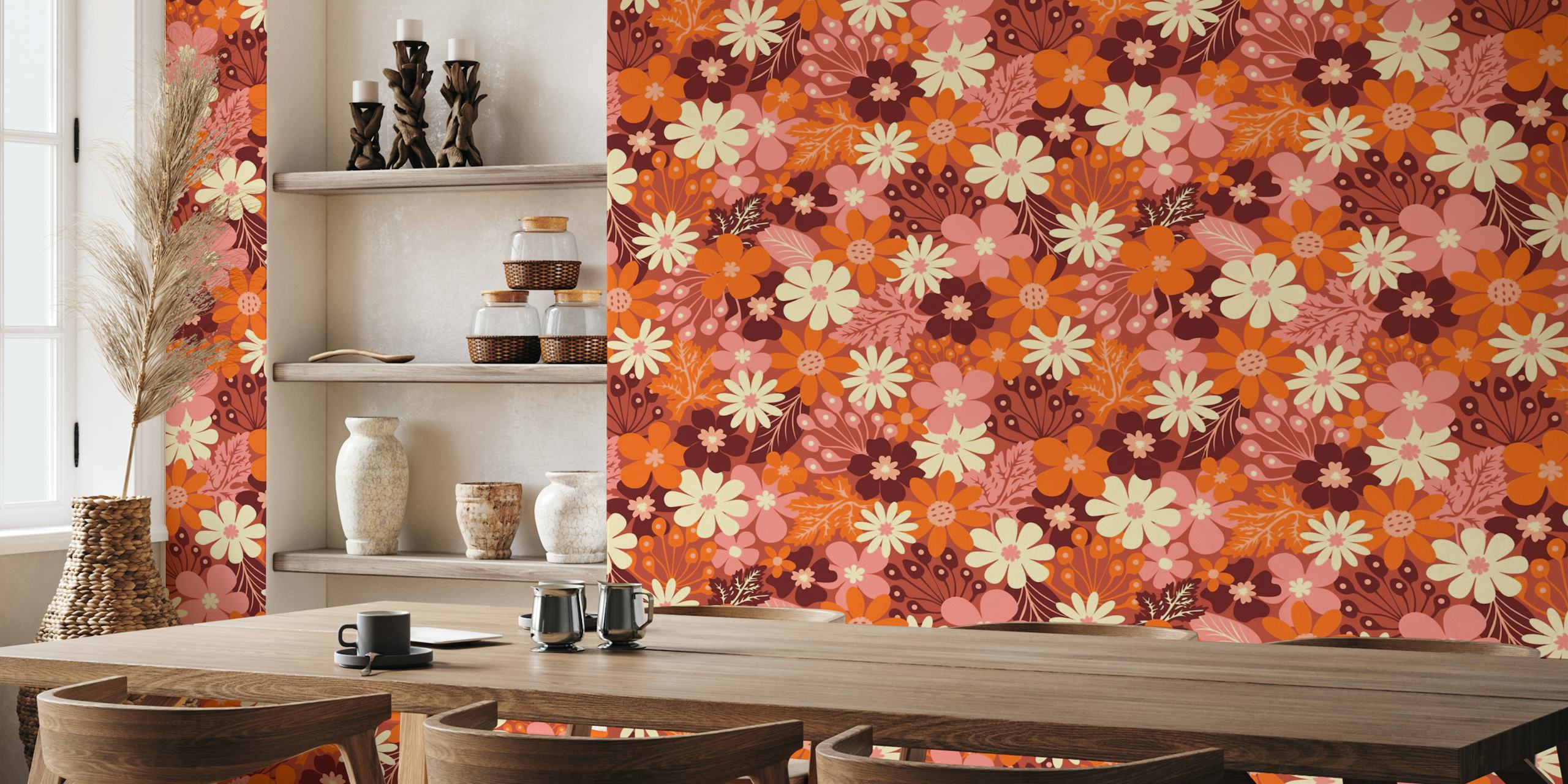 Colorful retro floral design in orange, pink, and cream wallpaper