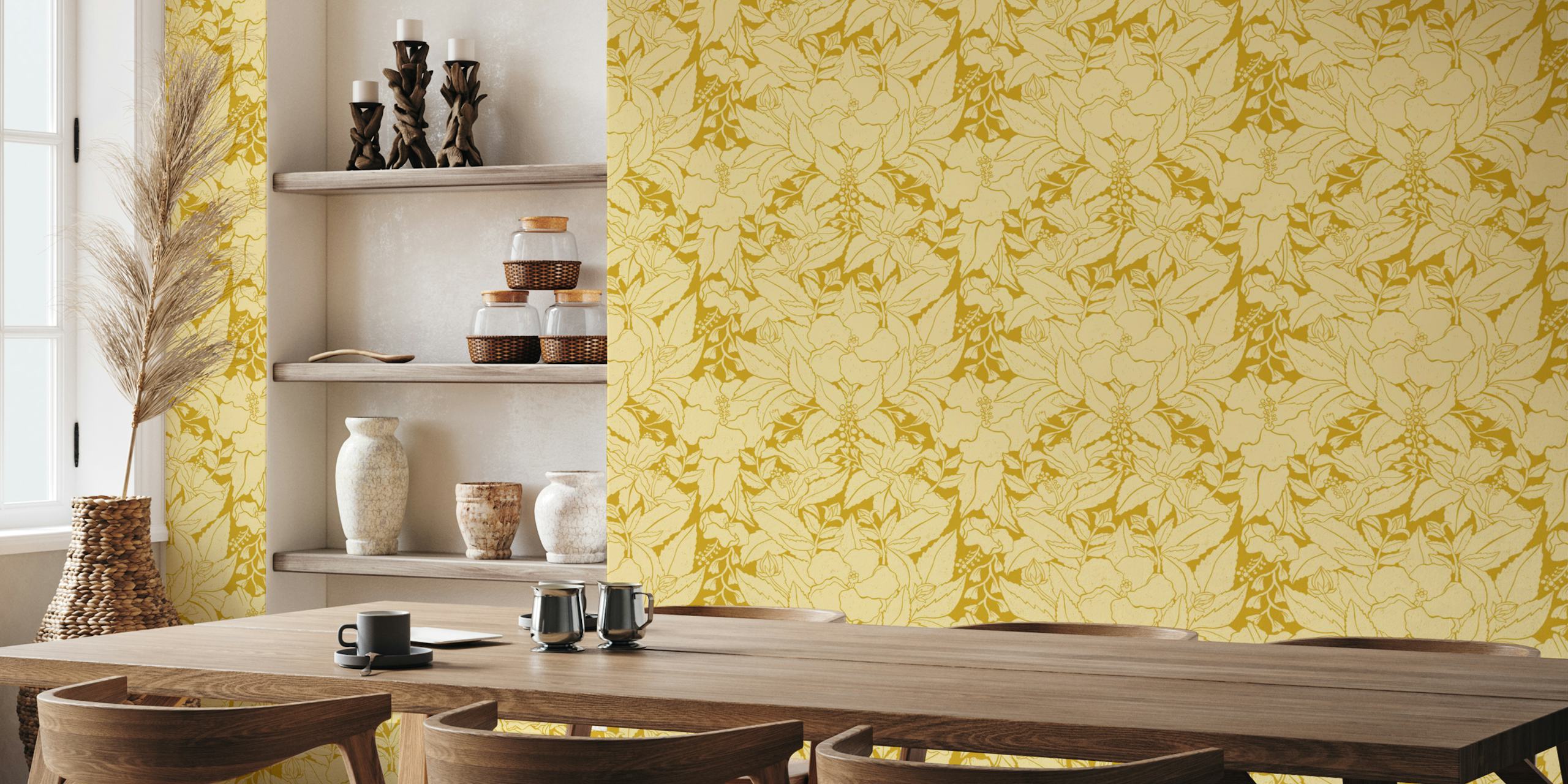 Yellow hibiscus floral damask pattern wall mural