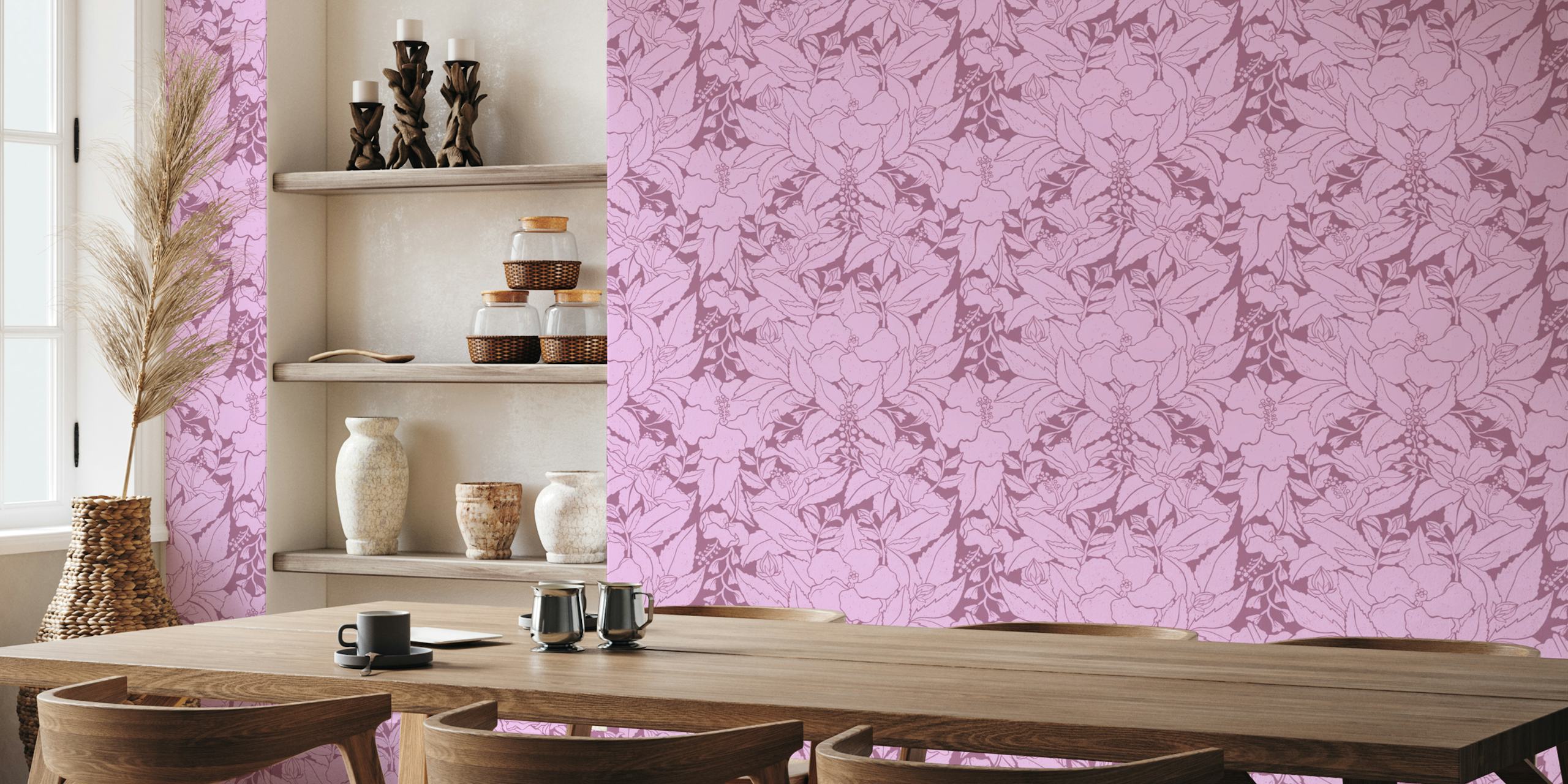 Hibiscus Damask Purple Tapete in einem Raum