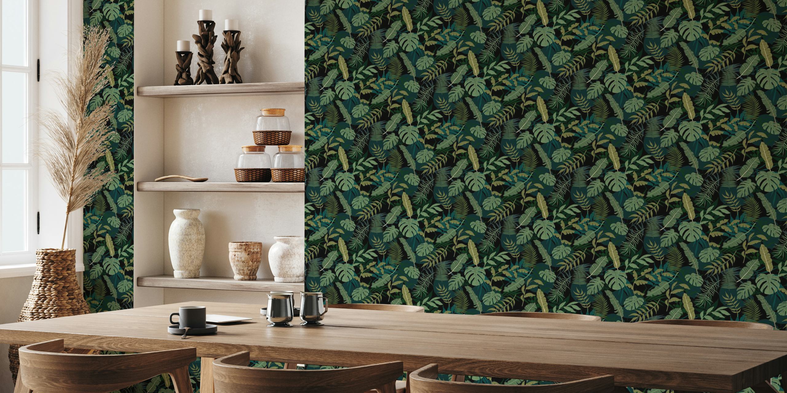 Monstera and palm leaves wallpaper in a room