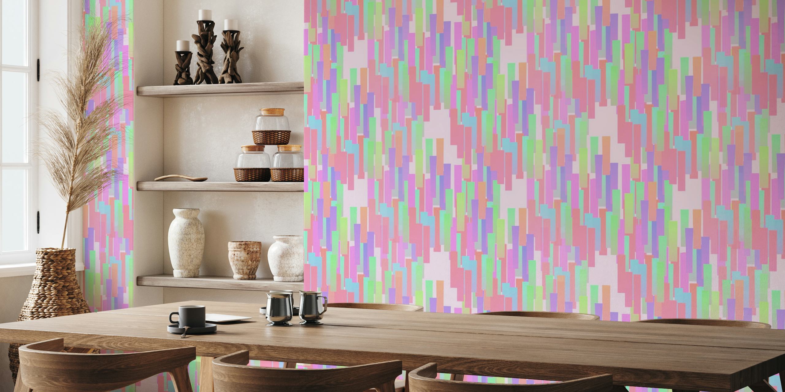 Apstraktna zidna slika s okomitim kapljicama u duginim bojama