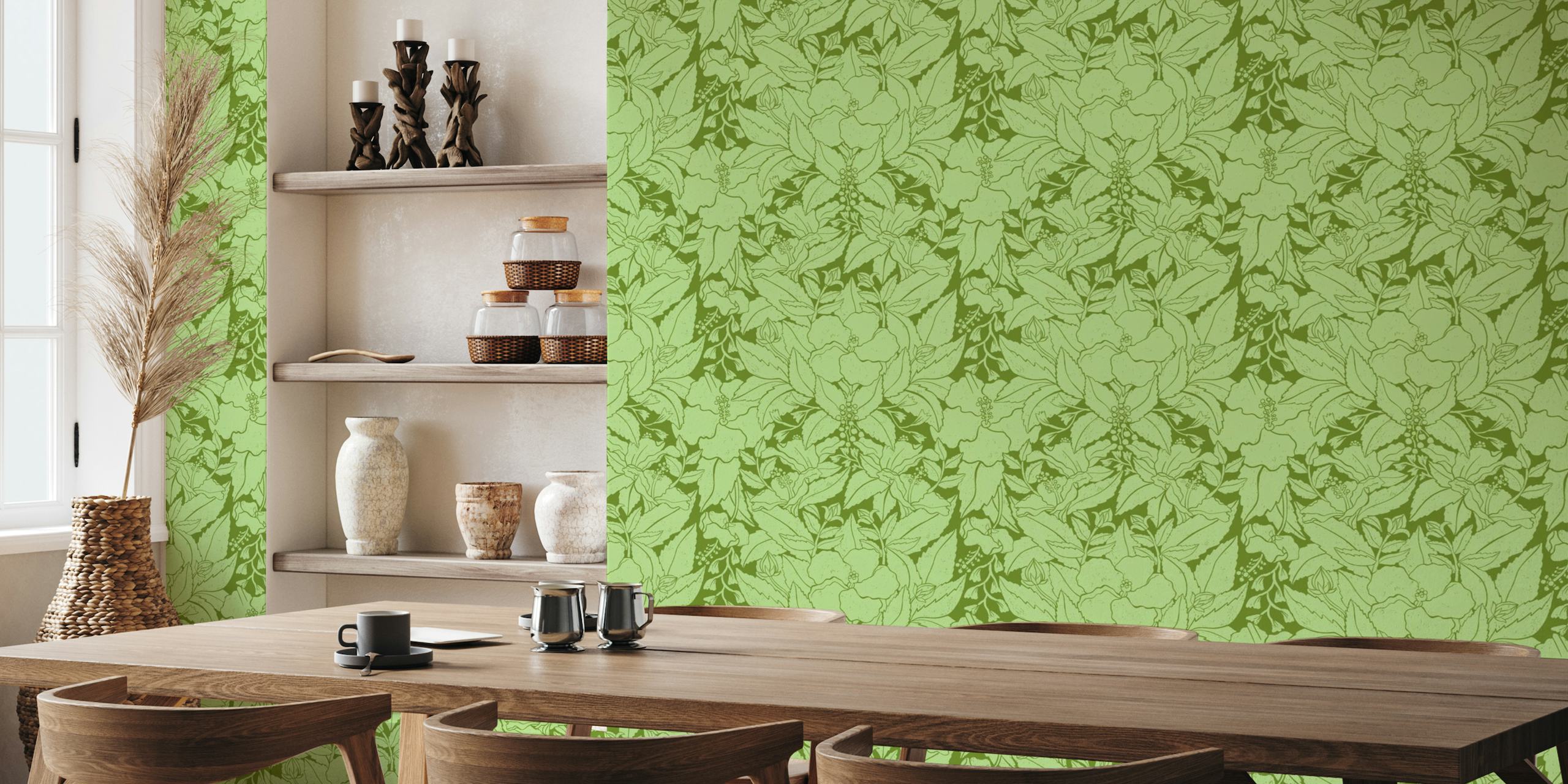 Hibiscus Damask Green wallpaper