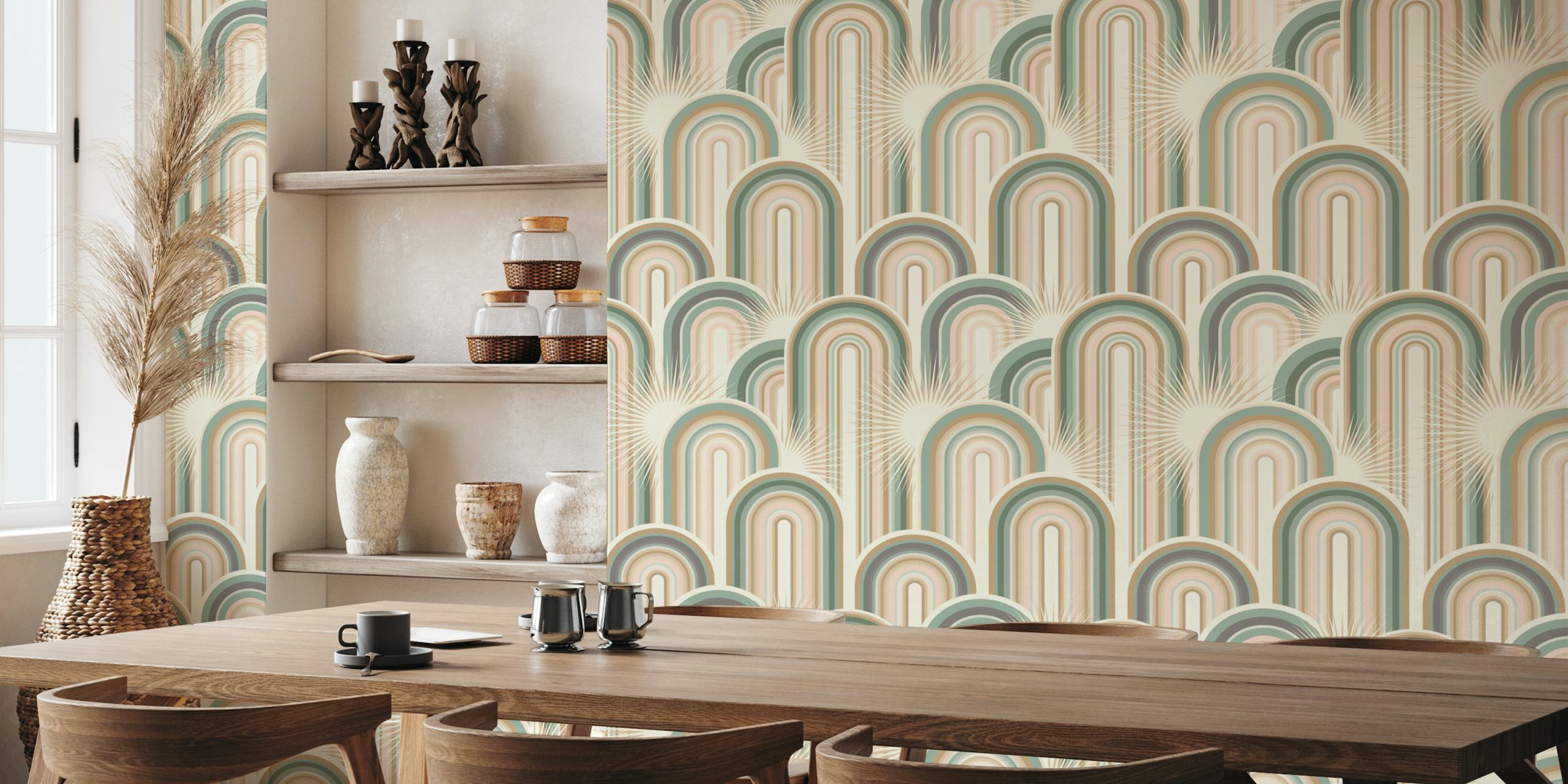 Stylized rainbow cactus pattern wall mural in teal, camel, and pink
